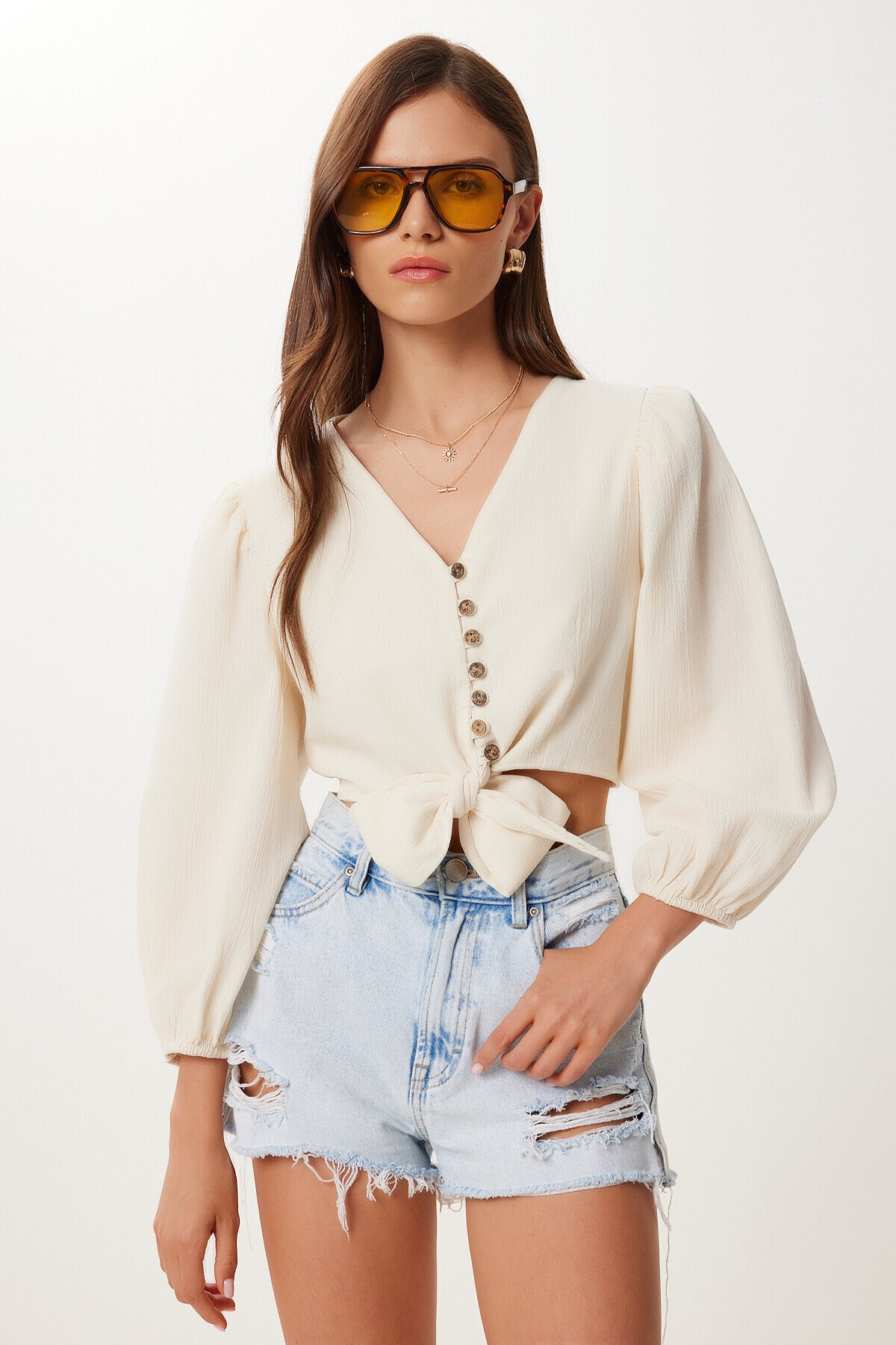 Bağlama Detaylı Crop Keten Bluz KREM HBV0007