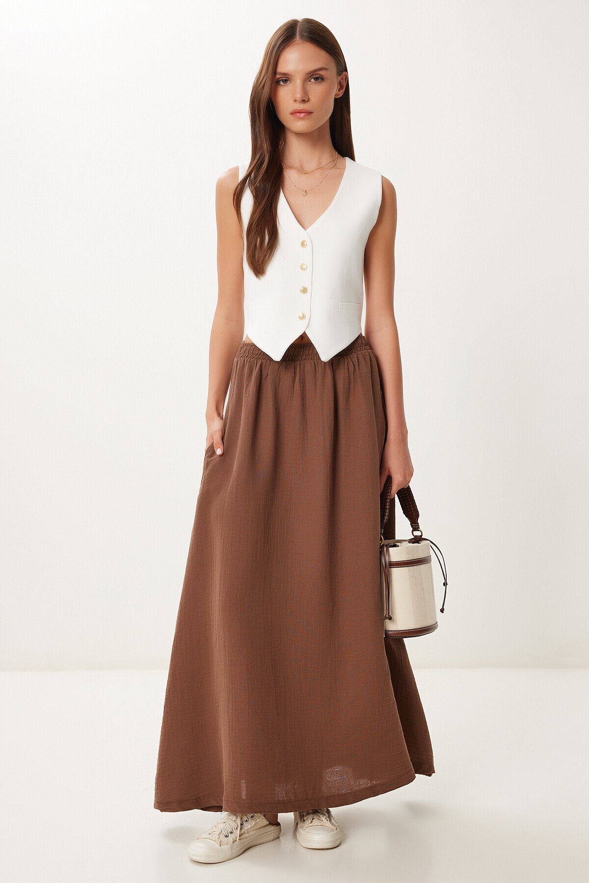 Cepli Kloş Müslin Etek KAHVERENGİ HBV0003