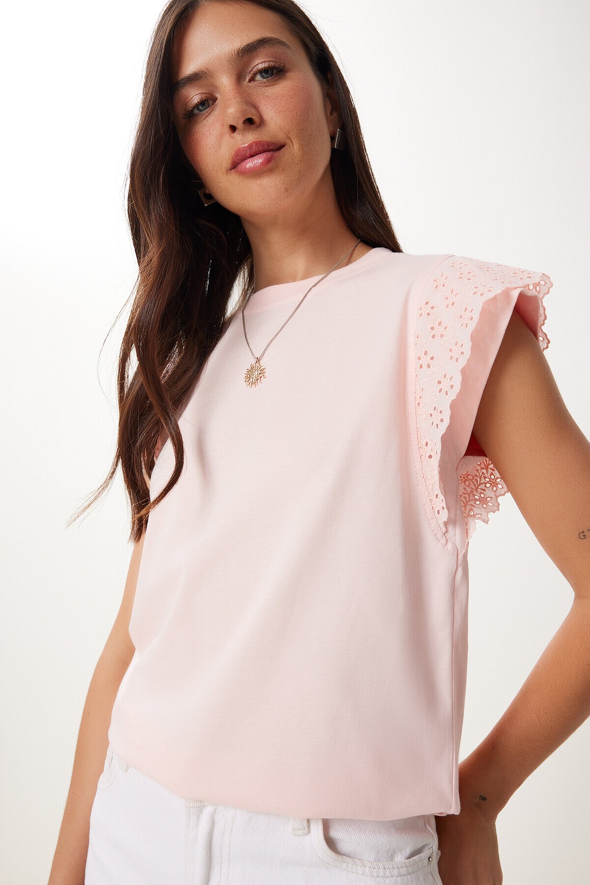 Fistolu Esnek Viskon Örme T-shirt AÇIK PEMBE HCR0001
