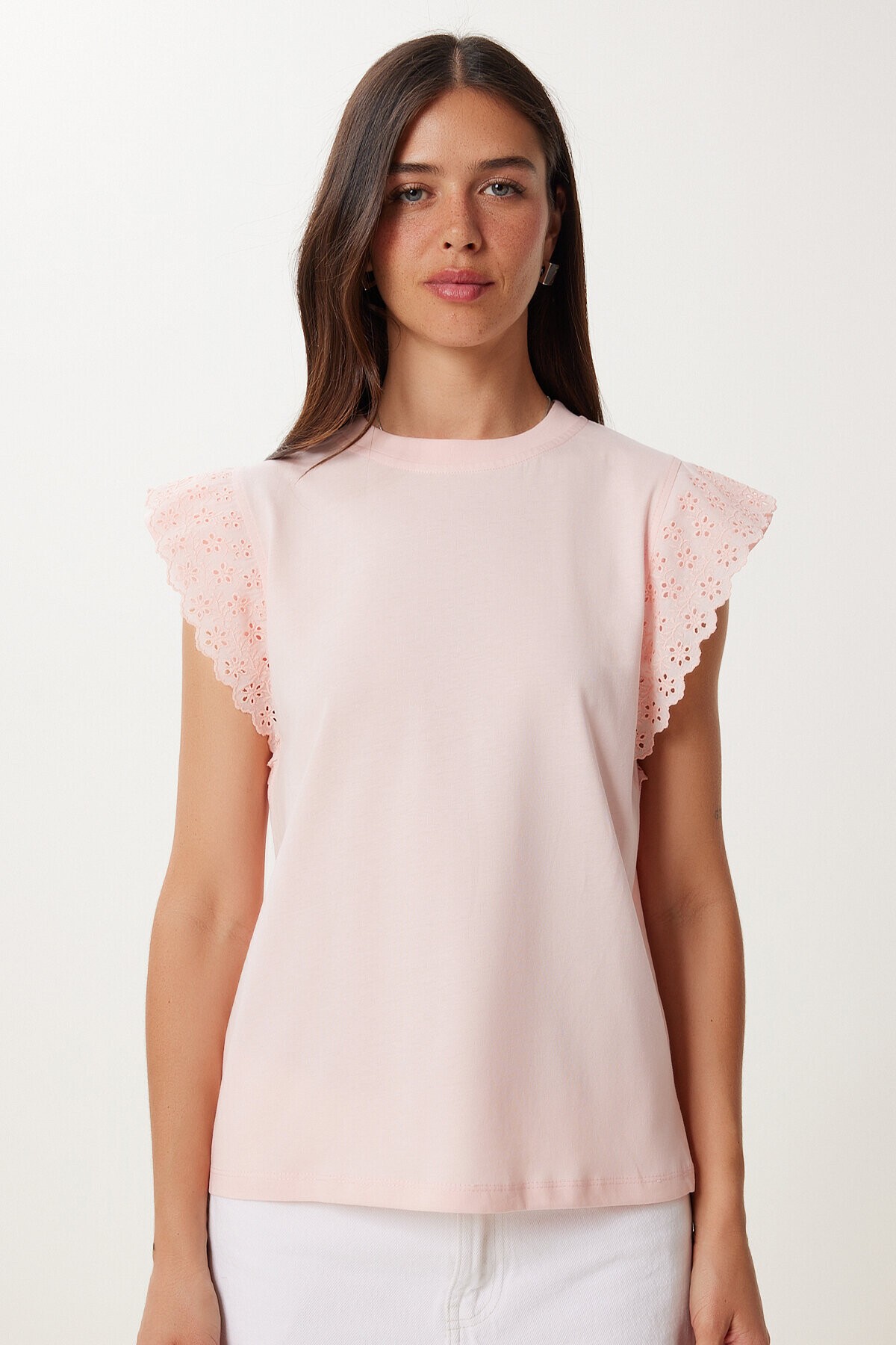 Fistolu Esnek Viskon Örme T-shirt AÇIK PEMBE HCR0001