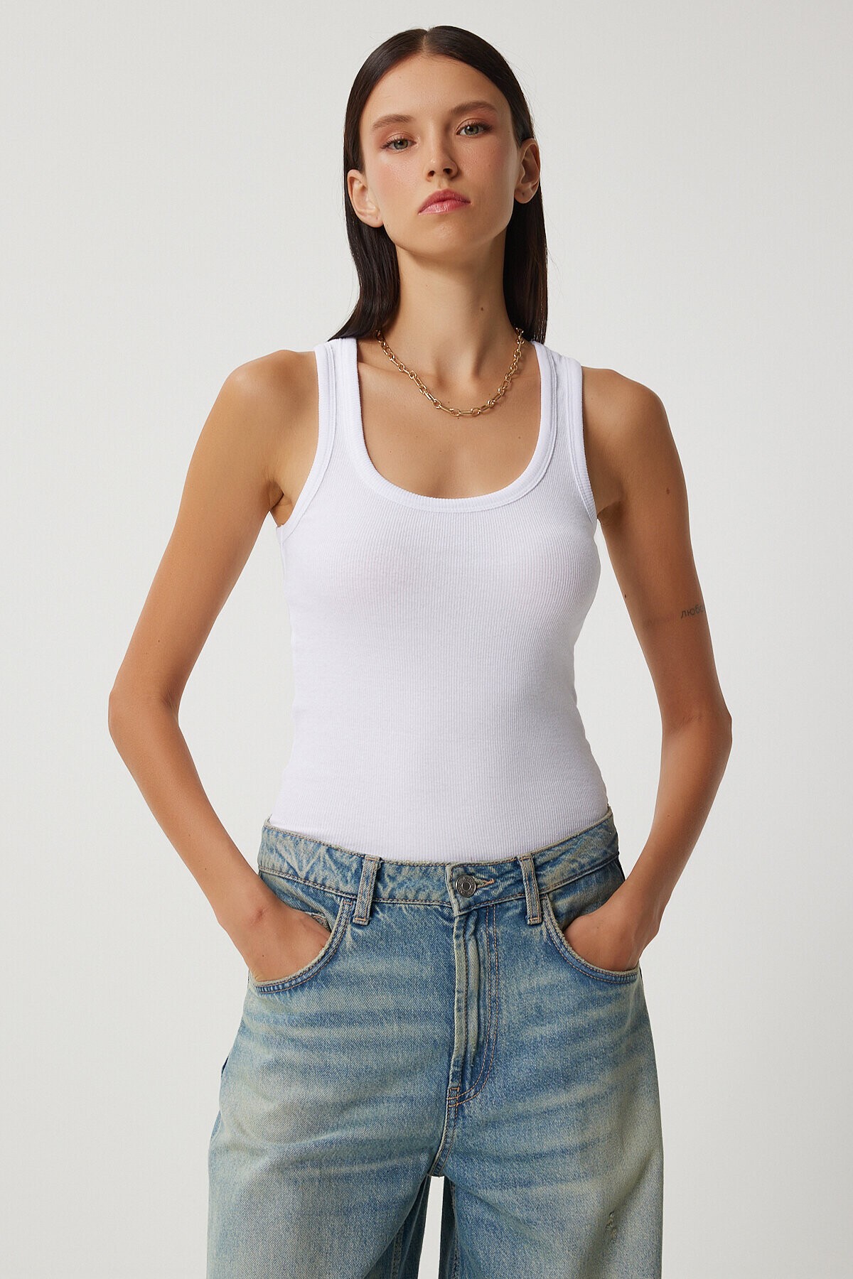 2li Fitilli Kalın Askılı Örme Atlet KAHVERENGİ BEYAZ HHJ0001