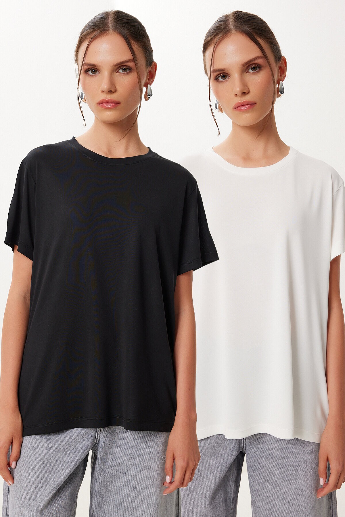 2’li Paket Basic Modal Örme T-shirt SİYAH BEYAZ HFN0002