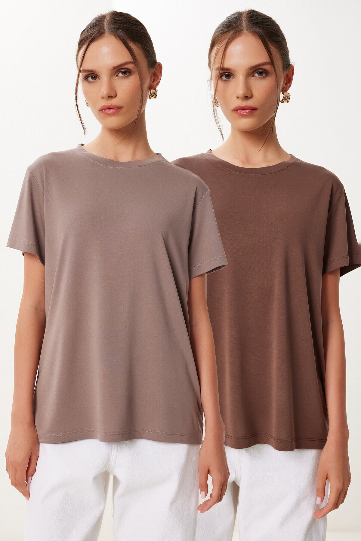 2’li Paket Basic Modal Örme T-shirt VİZON KAHVERENGİ HFN0002