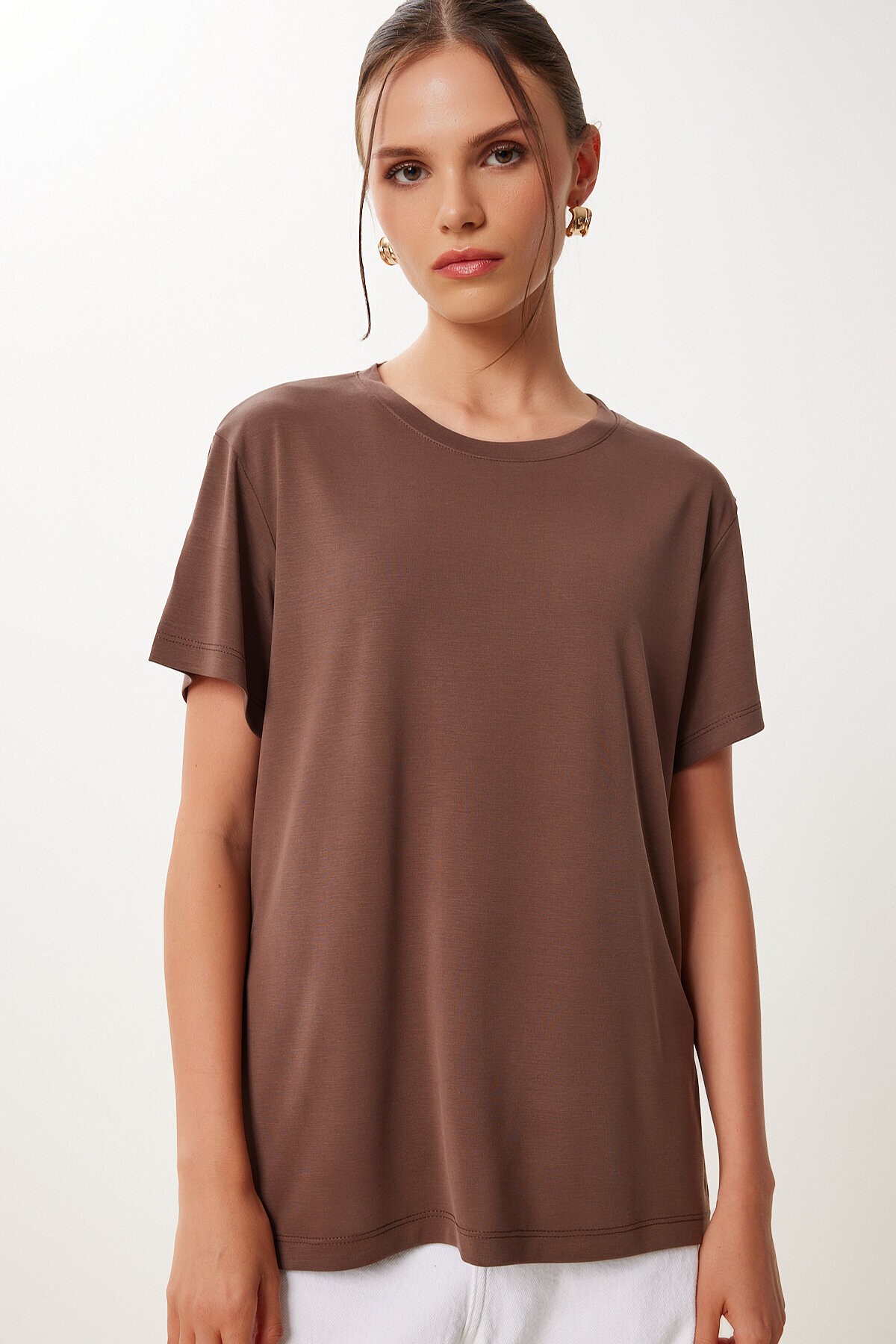 2’li Paket Basic Modal Örme T-shirt VİZON KAHVERENGİ HFN0002