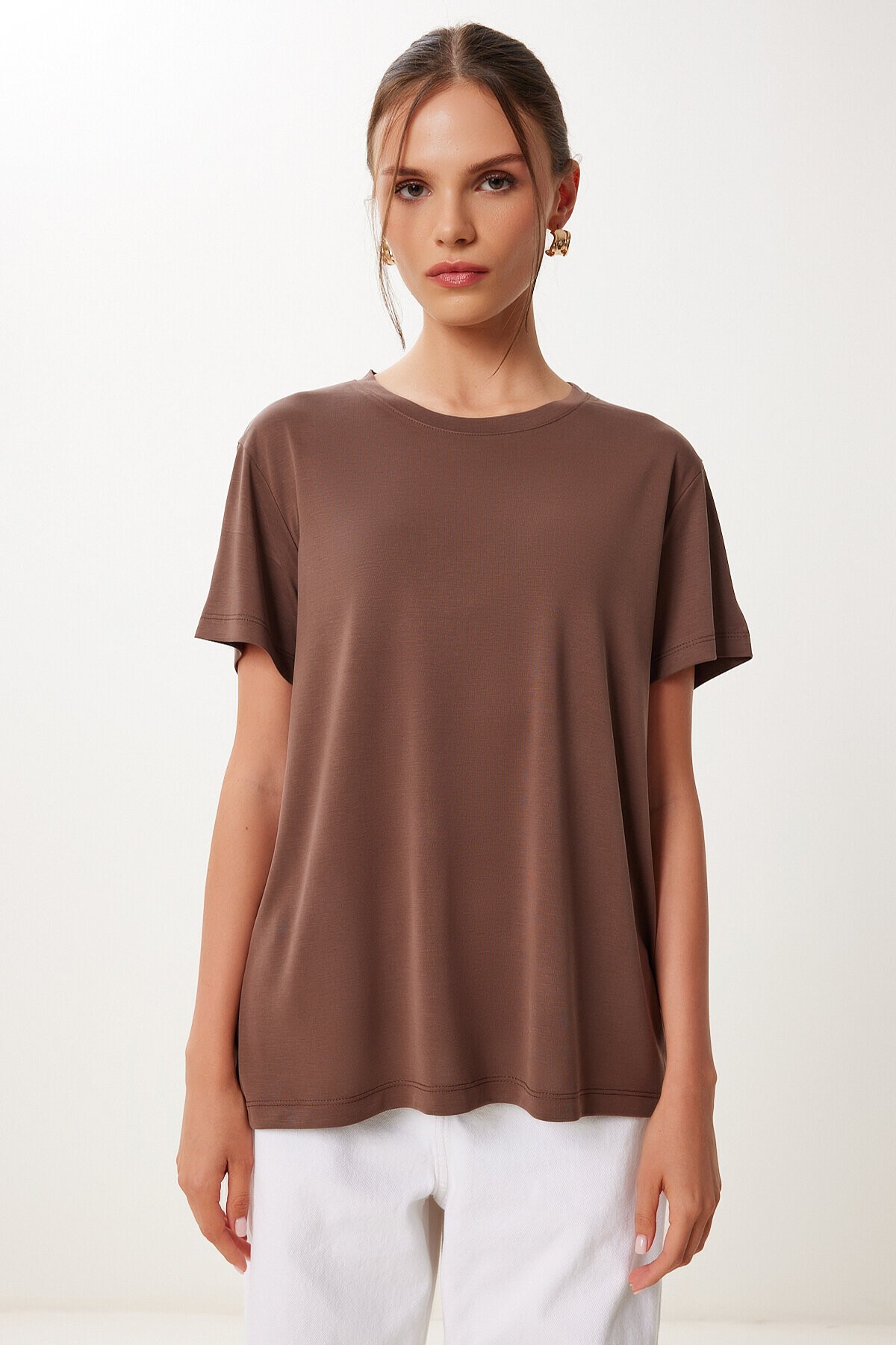 2’li Paket Basic Modal Örme T-shirt VİZON KAHVERENGİ HFN0002