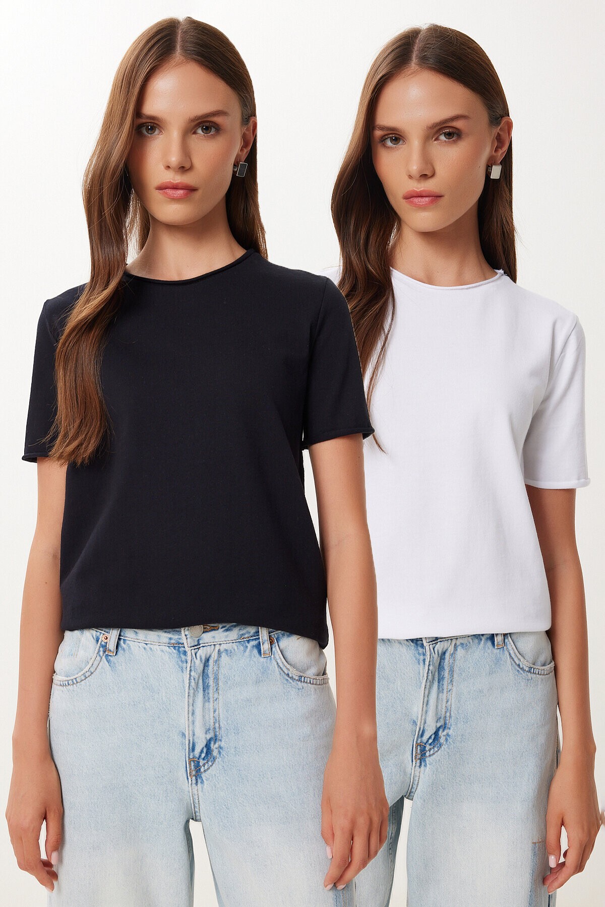 2’li Paket Basic Pamuklu Örme T-shirt SİYAH BEYAZ HUB0001