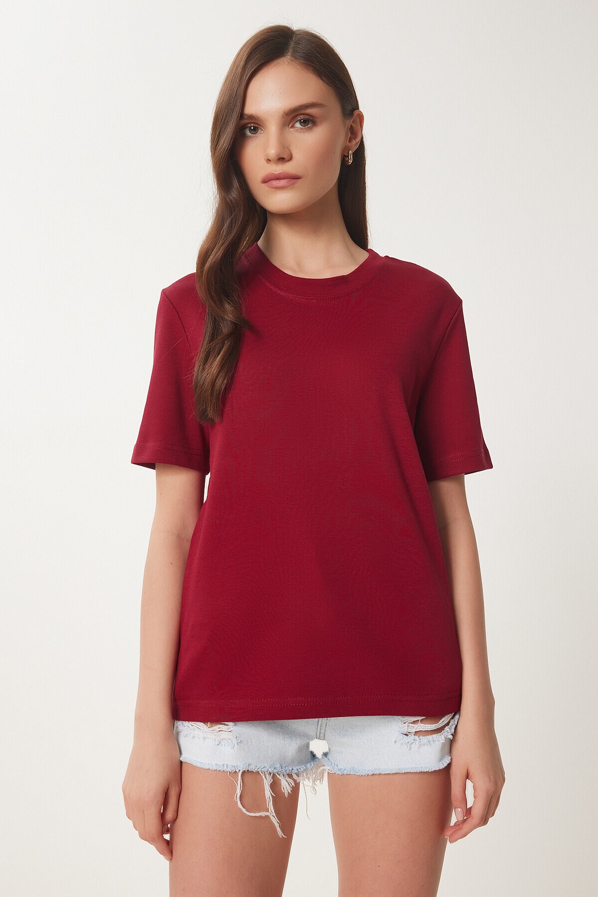 2li Paket Pamuklu Basic Örme T-shirt BORDO KAHVERENGİ LAG0002