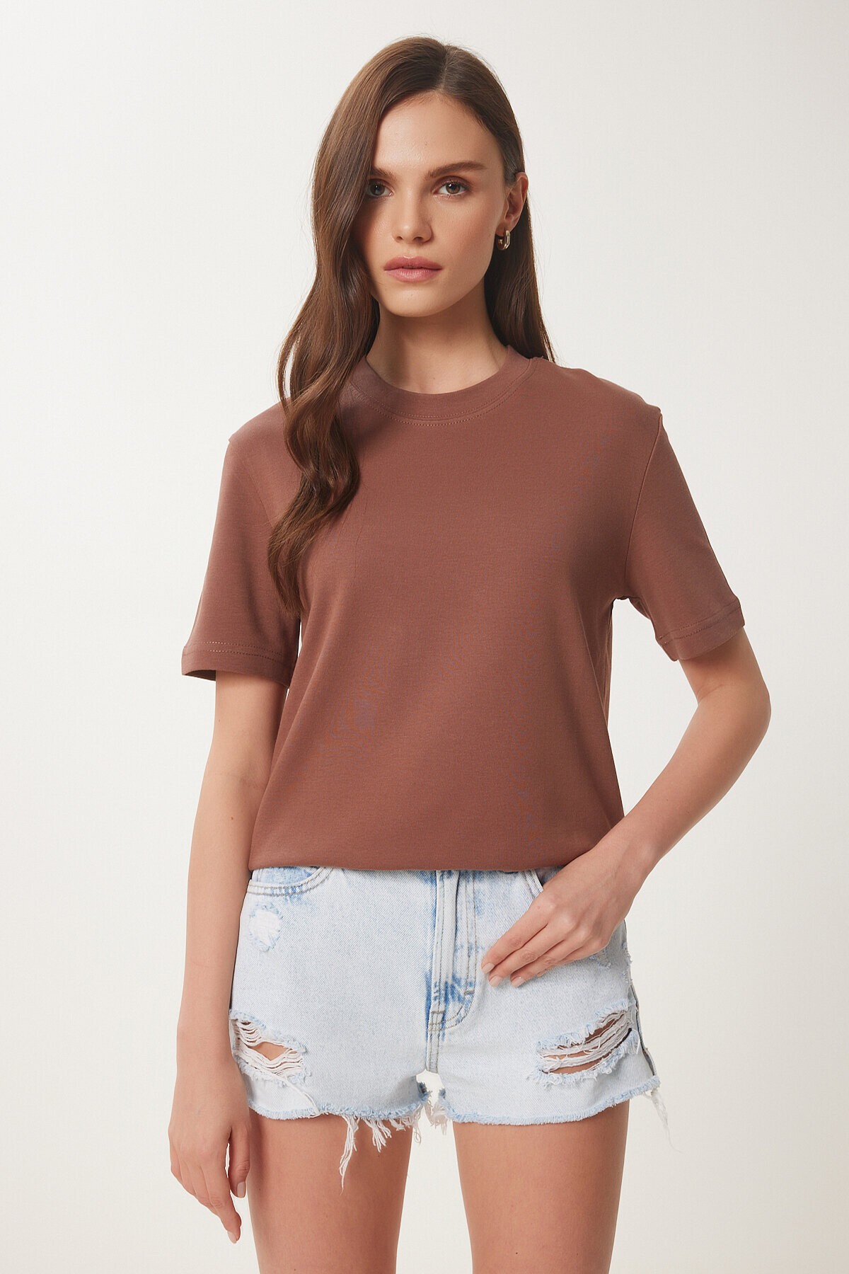 2li Paket Pamuklu Basic Örme T-shirt BORDO KAHVERENGİ LAG0002