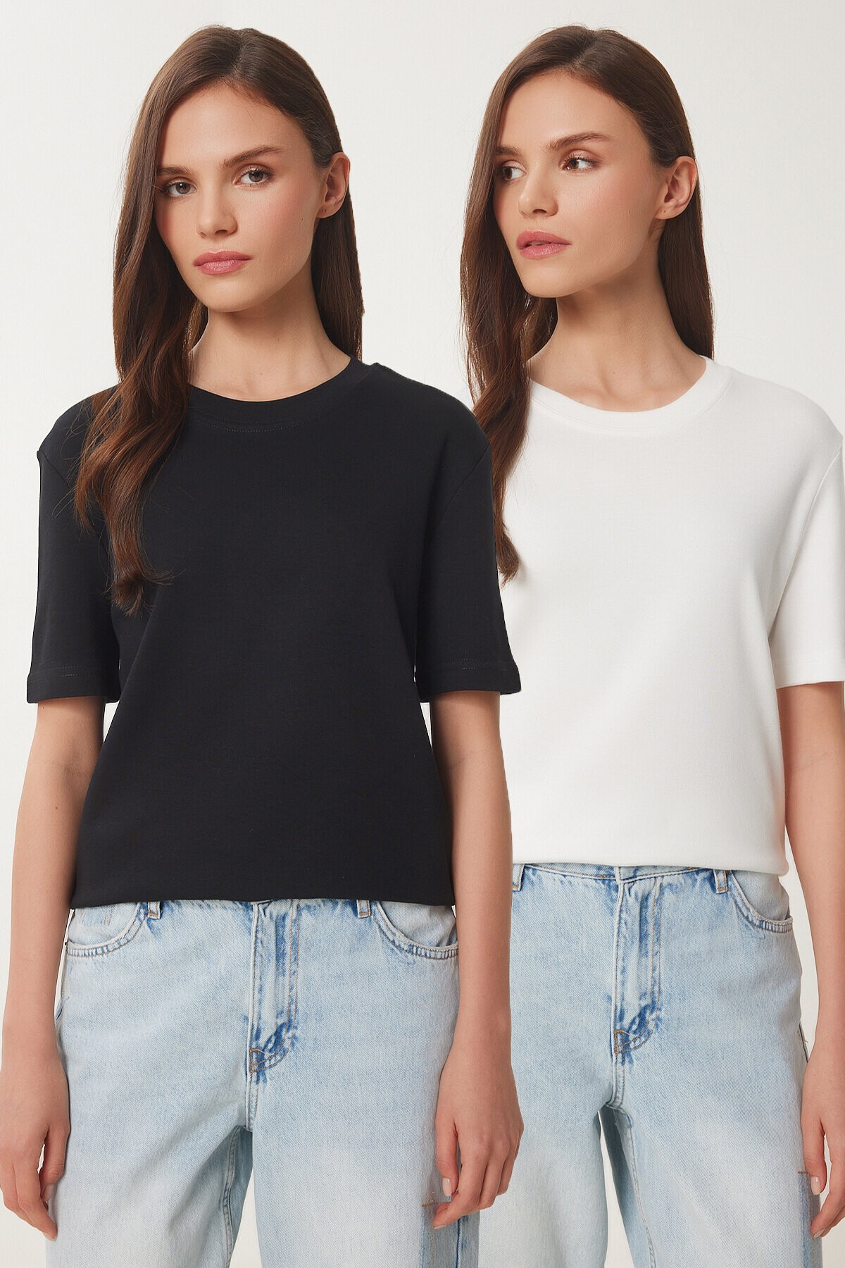 2li Paket Pamuklu Basic Örme T-shirt SİYAH BEYAZ LAG0002