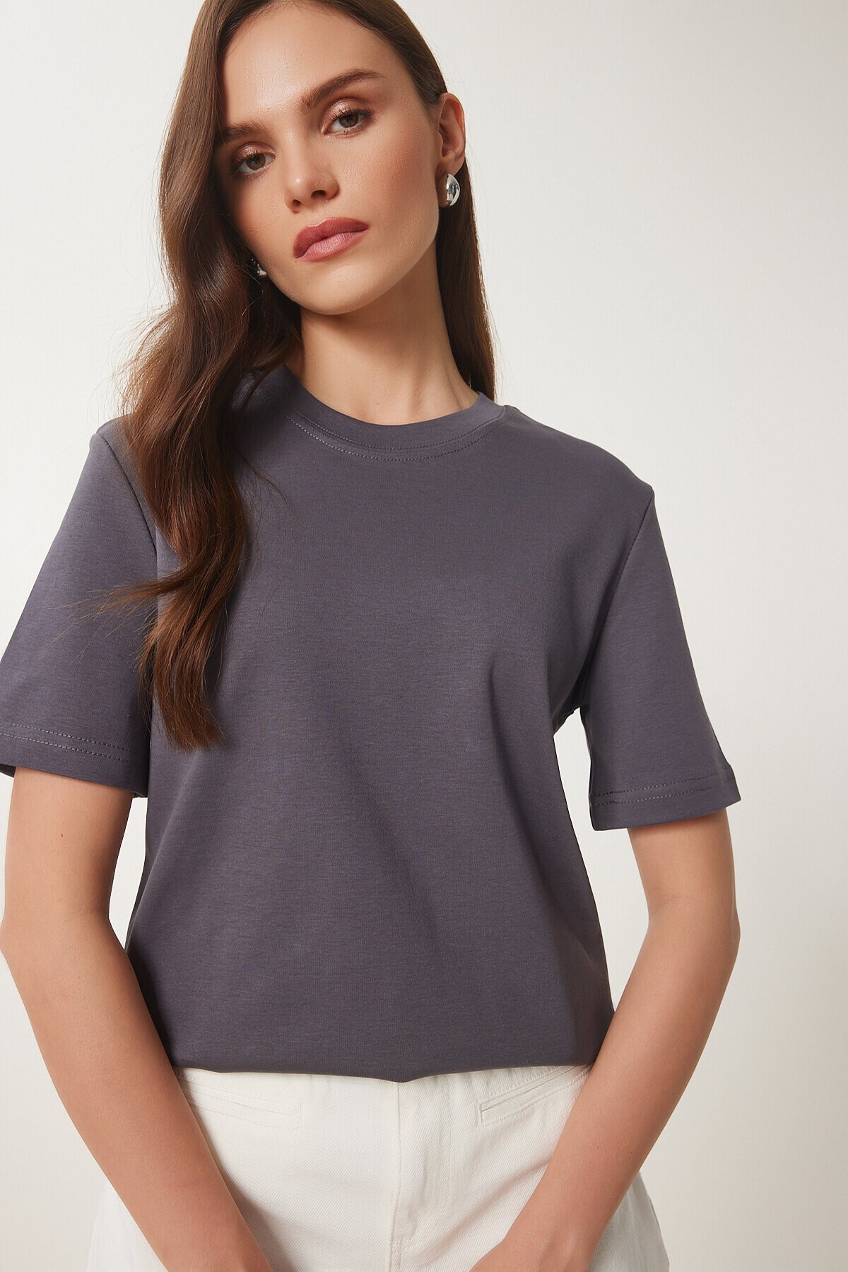 2li Paket Pamuklu Basic Örme T-shirt SİYAH FÜME LAG0002
