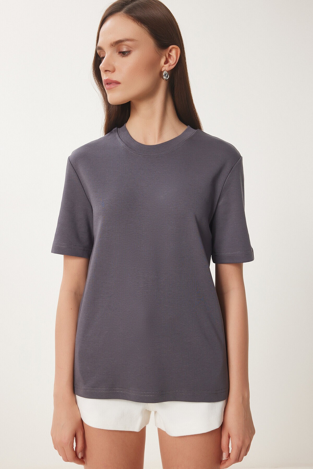 2li Paket Pamuklu Basic Örme T-shirt SİYAH FÜME LAG0002
