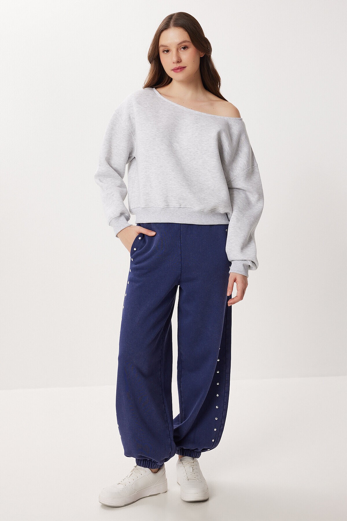 Açık Omuzlu Şardonlu Örme Sweatshirt GRİ MELANJ LAN0076