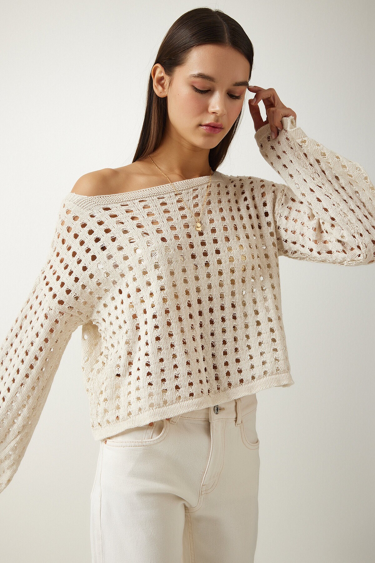 Ajurlu Crop Triko Kazak KREM LAS0006