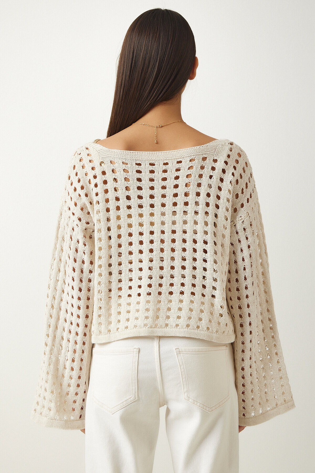 Ajurlu Crop Triko Kazak KREM LAS0006