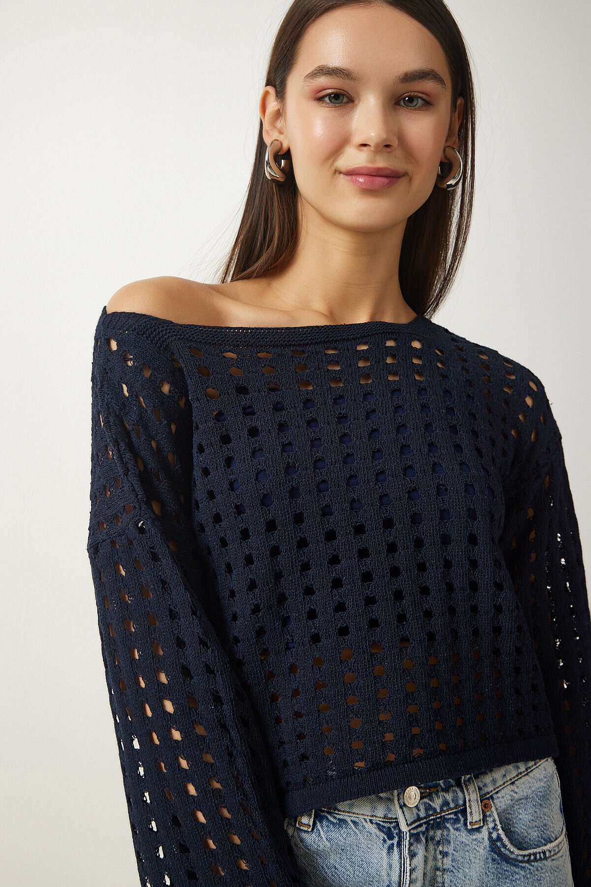 Ajurlu Crop Triko Kazak LACİVERT LAS0006