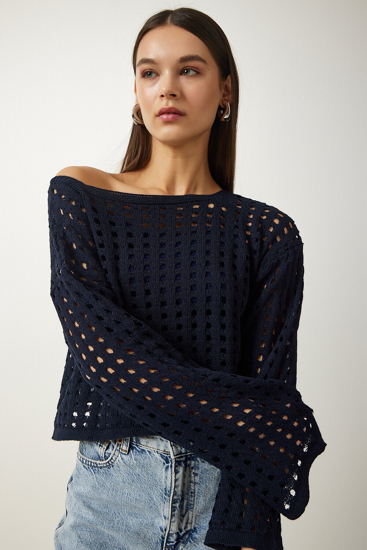 Ajurlu Crop Triko Kazak LACİVERT LAS0006