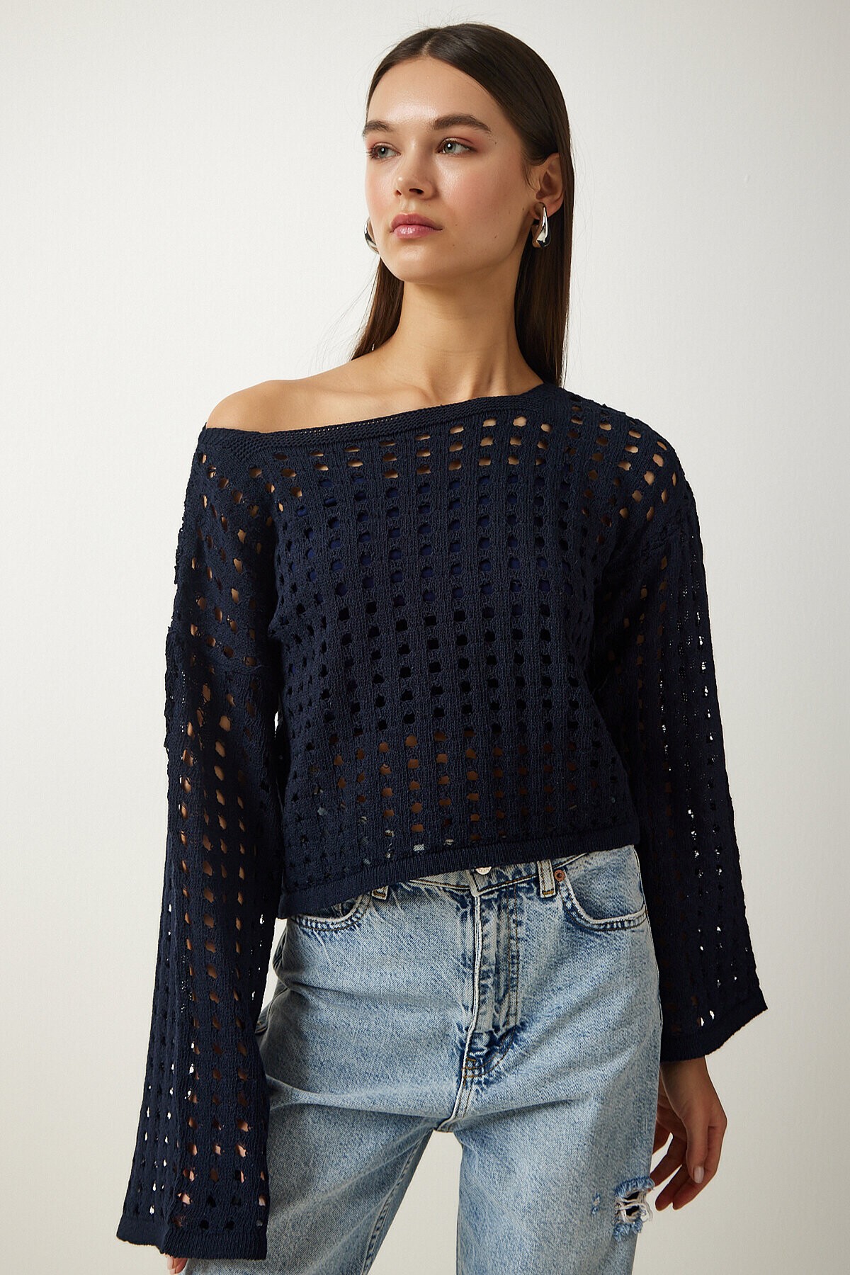 Ajurlu Crop Triko Kazak LACİVERT LAS0006