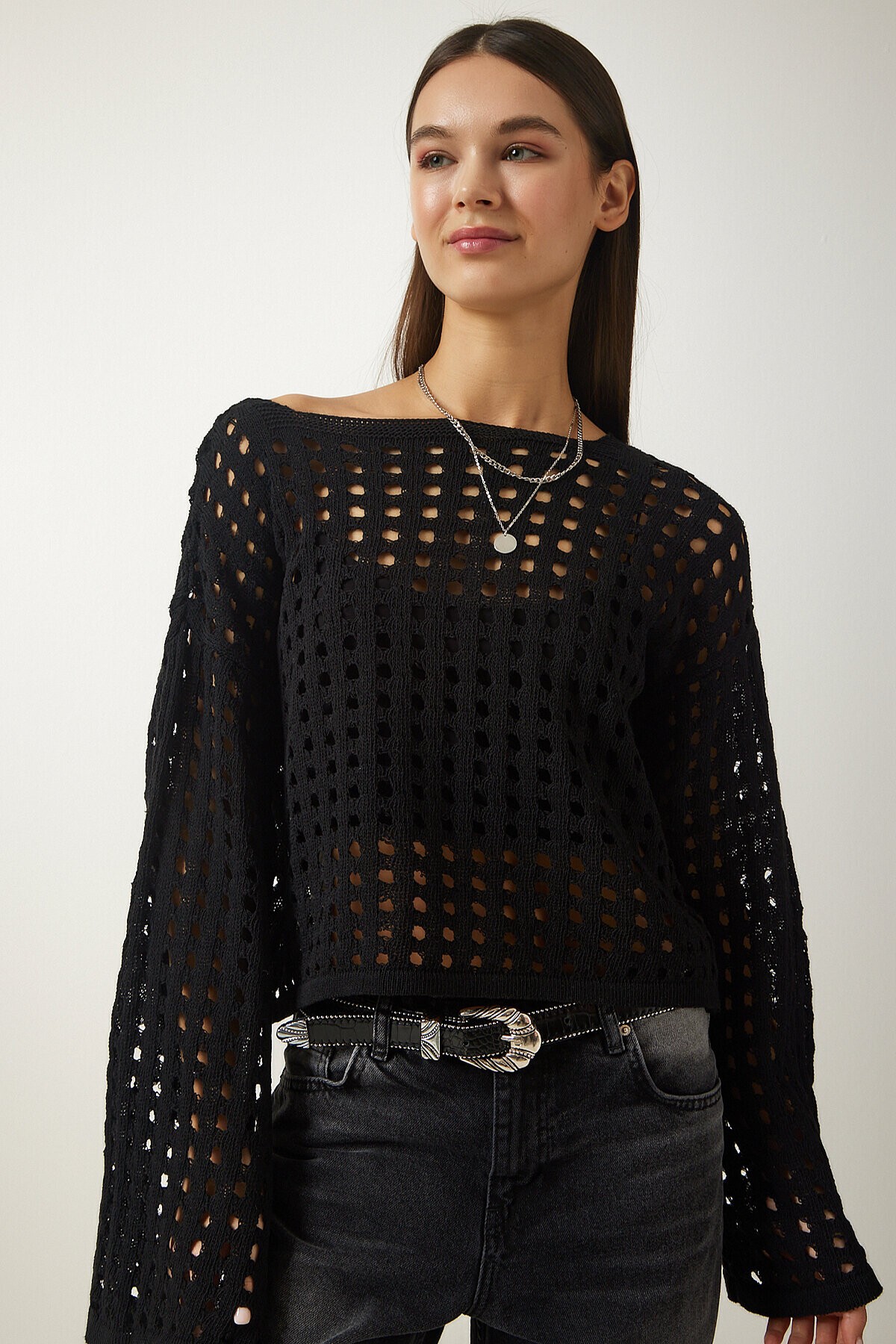 Ajurlu Crop Triko Kazak SİYAH LAS0006