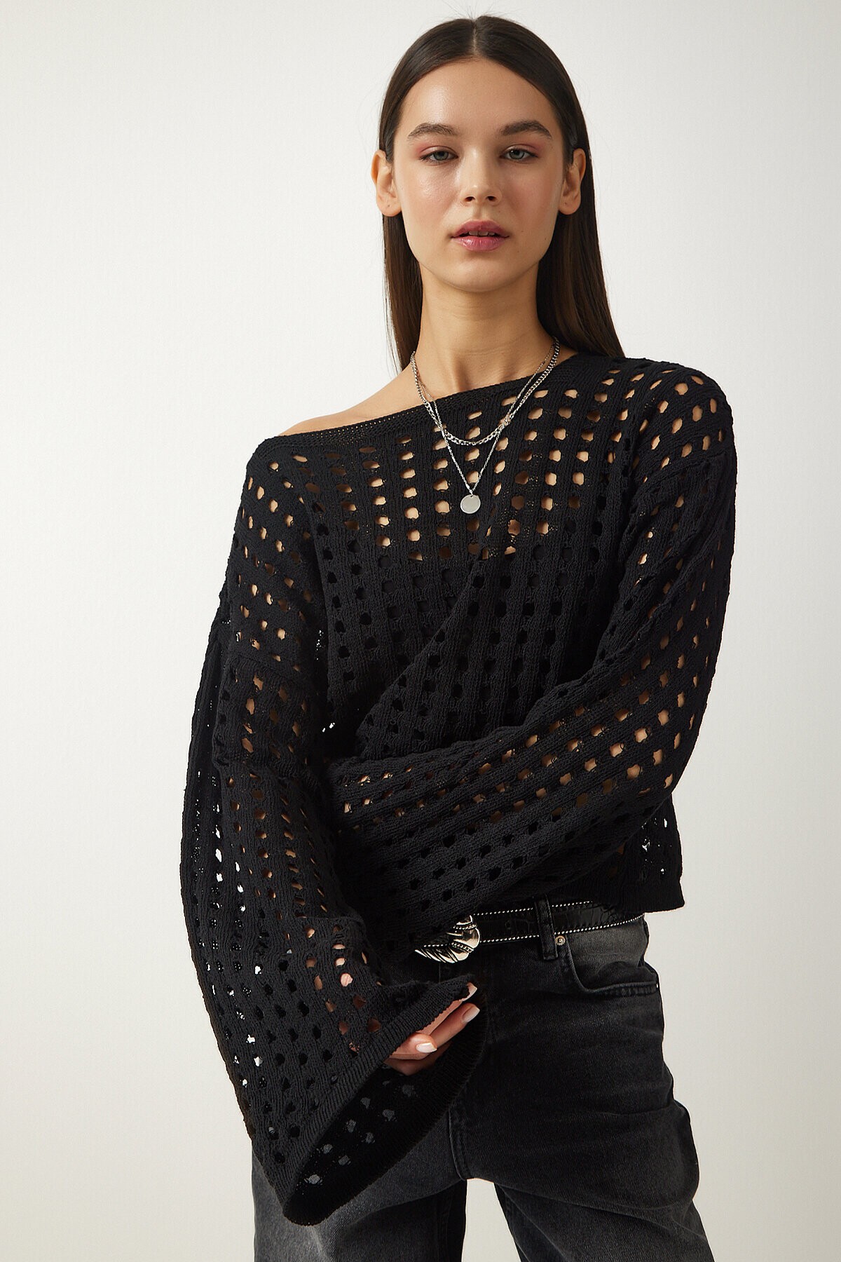 Ajurlu Crop Triko Kazak SİYAH LAS0006