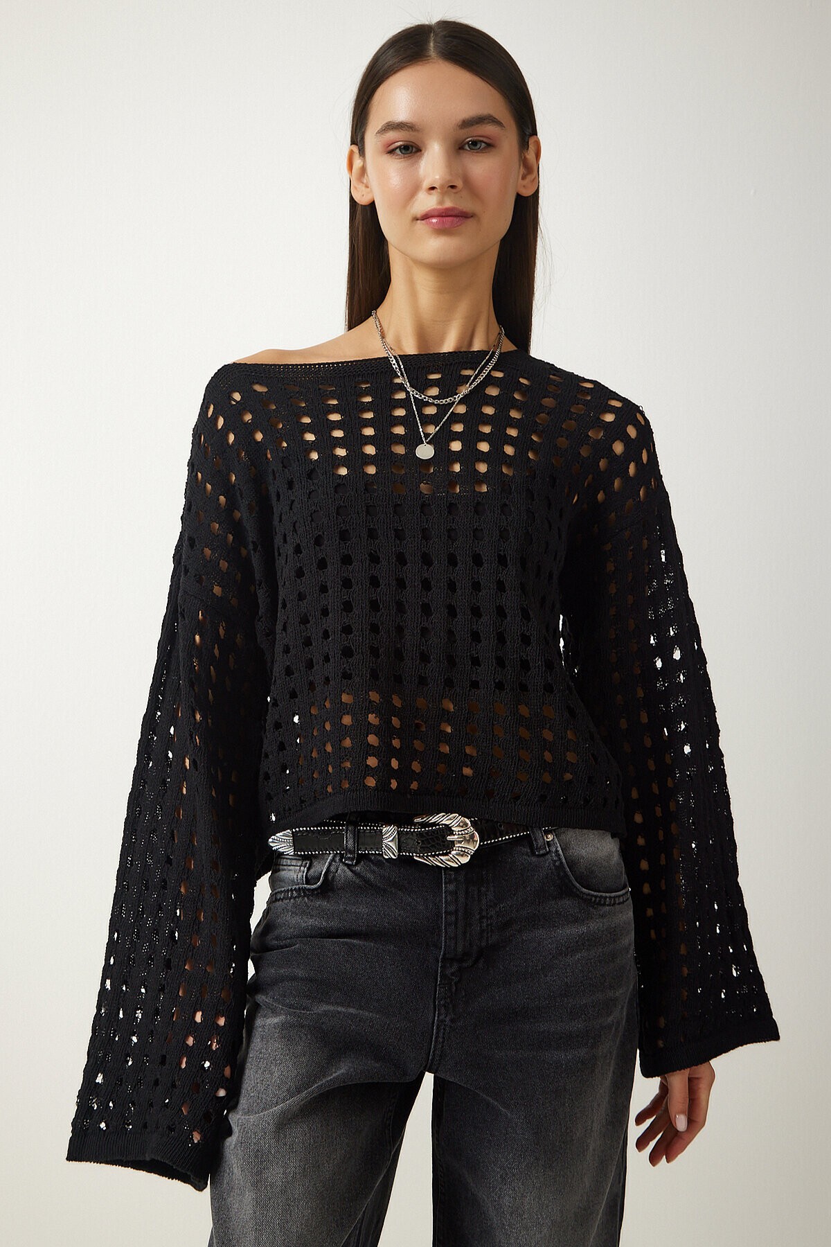 Ajurlu Crop Triko Kazak SİYAH LAS0006