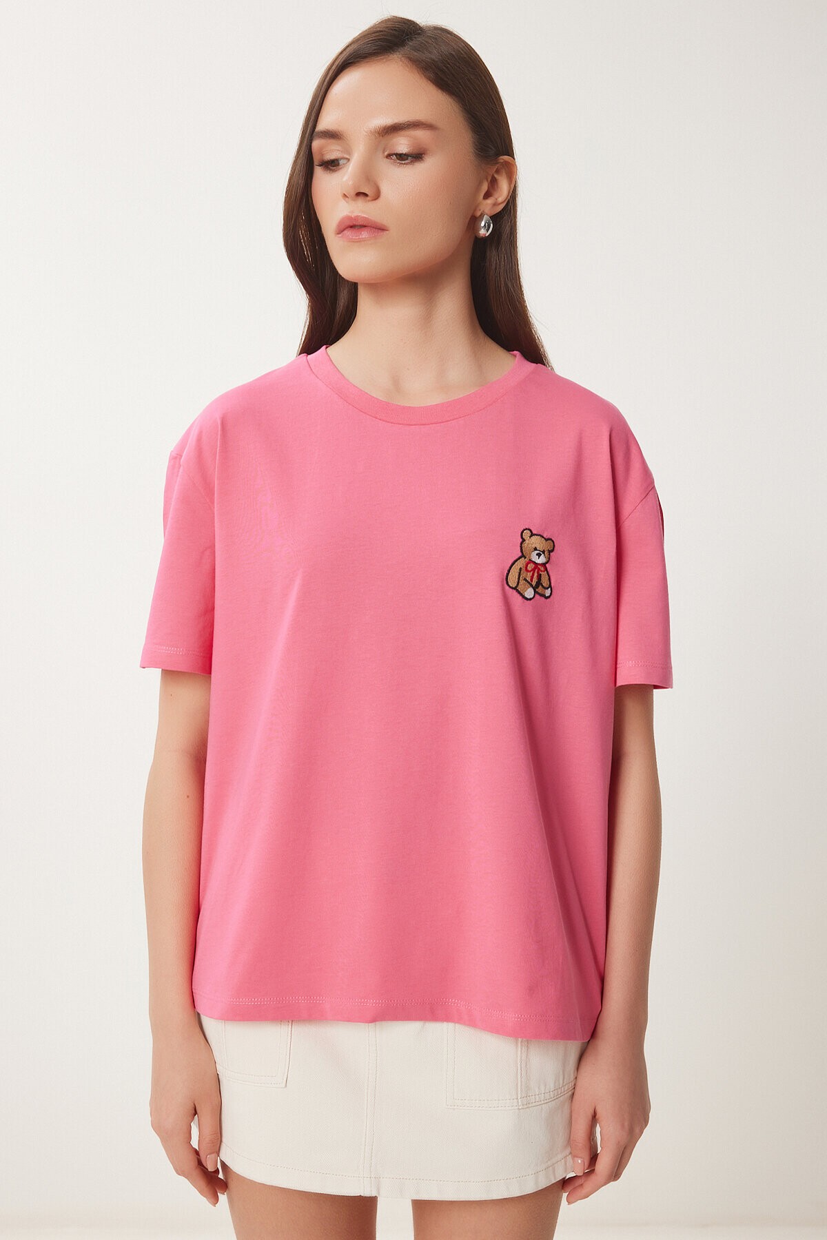 Ayıcık İşlemeli Pamuklu Örme T-shirt PEMBE LAV0005