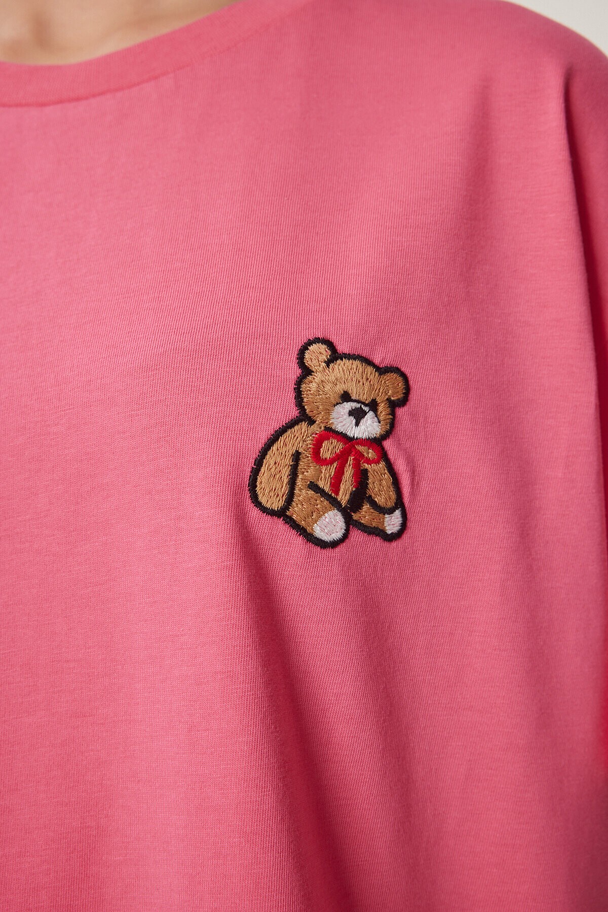 Ayıcık İşlemeli Pamuklu Örme T-shirt PEMBE LAV0005
