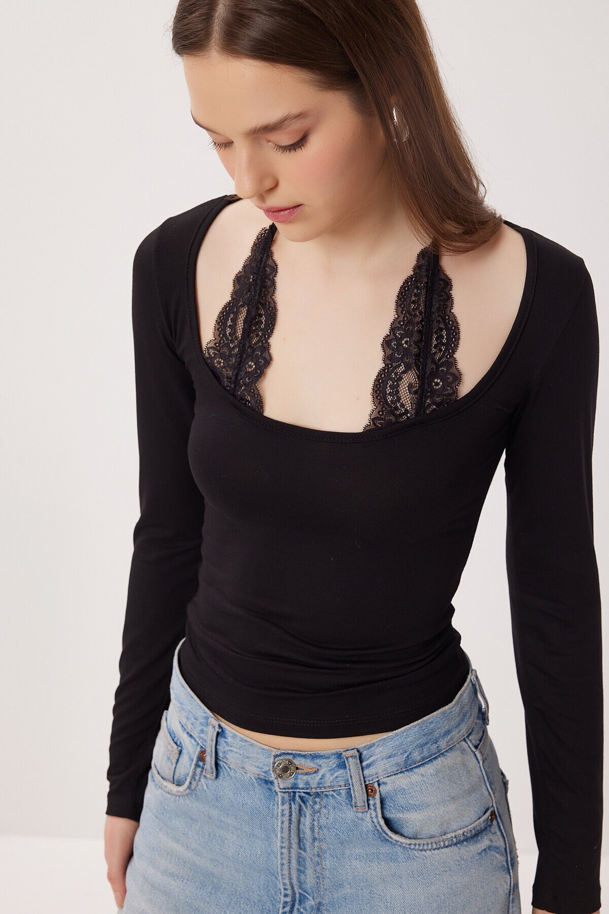 Bağlamalı Dantelli Örme Bluz SİYAH LAX0008