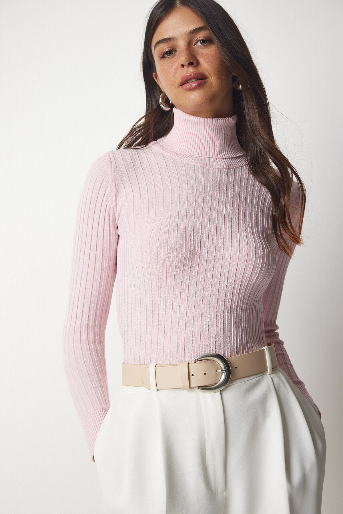 Balıkçı Yaka Fitilli Basic Kazak AÇIK PEMBE LBV0029