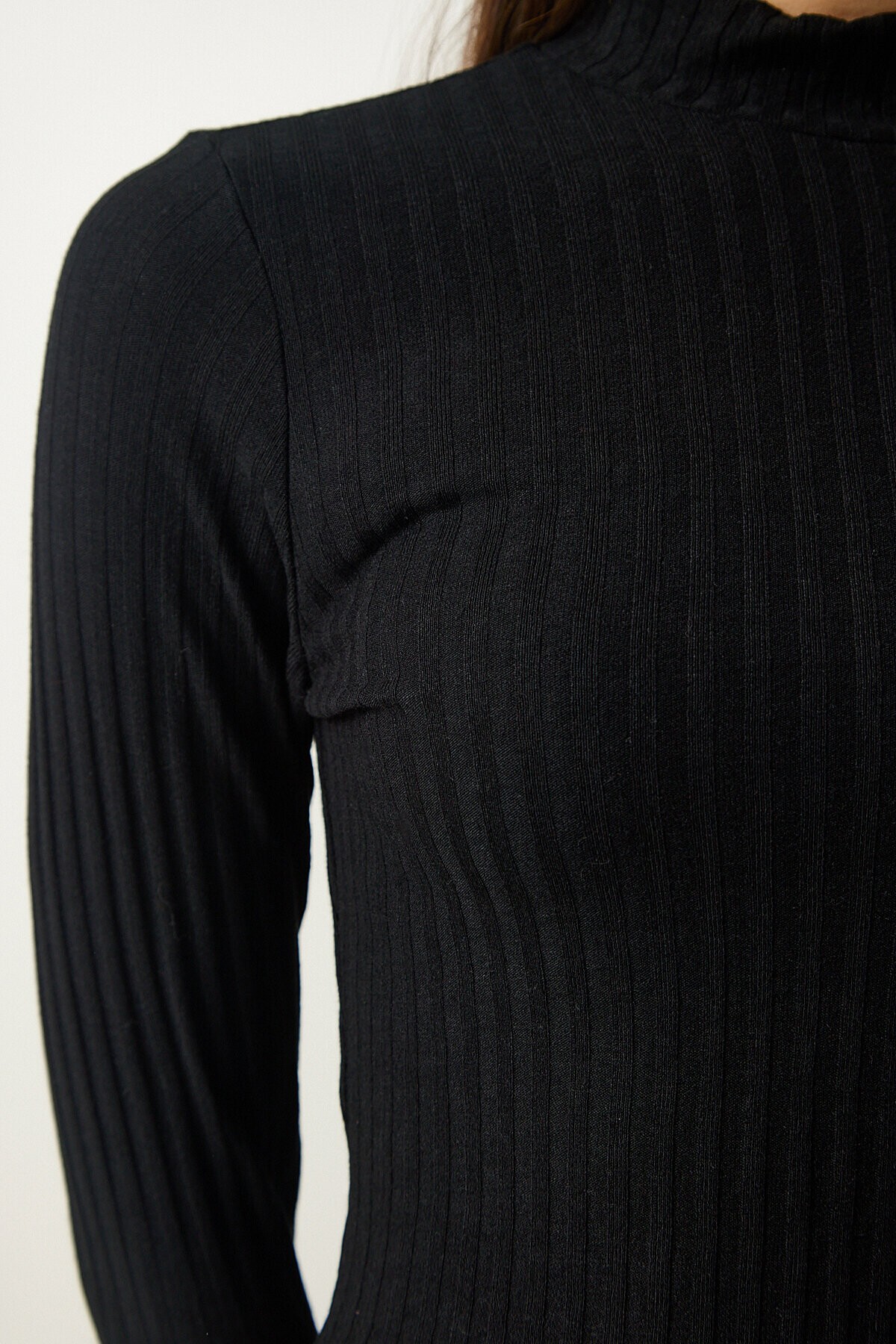 Balıkçı Yaka Fitilli Crop Örme Bluz SİYAH LAH0004