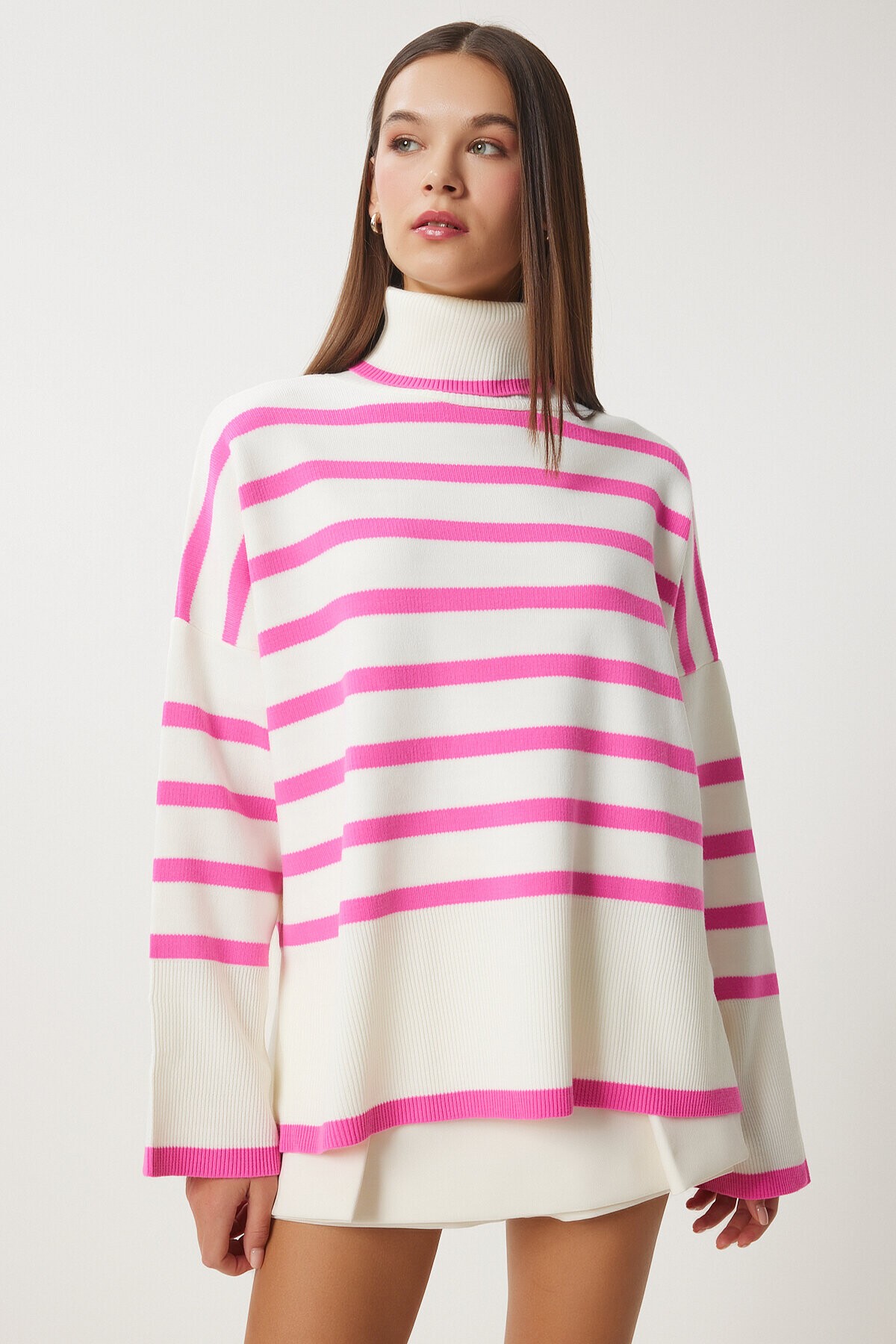 Balıkçı Yaka Oversize Çizgili Triko Kazak PEMBE KEMİK LBV0021