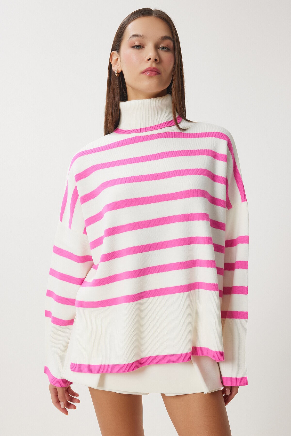 Balıkçı Yaka Oversize Çizgili Triko Kazak PEMBE KEMİK LBV0021