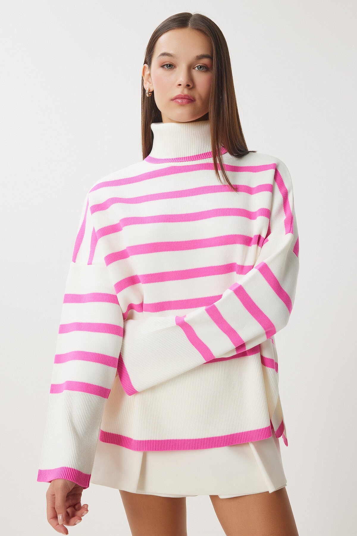 Balıkçı Yaka Oversize Çizgili Triko Kazak PEMBE KEMİK LBV0021
