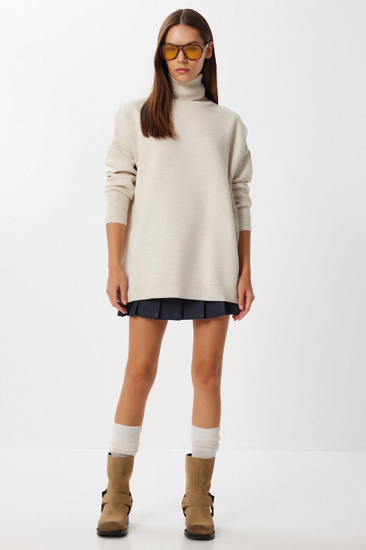 Balıkçı Yaka Oversize Triko Kazak BEJ LBV0011