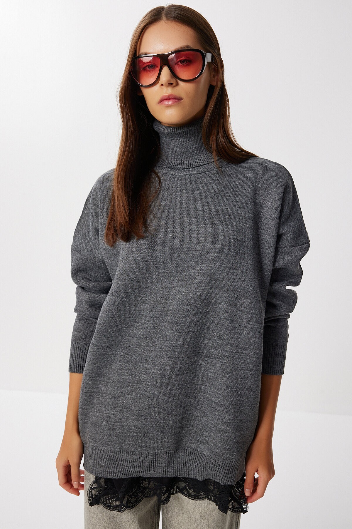 Balıkçı Yaka Oversize Triko Kazak GRİ LBV0011