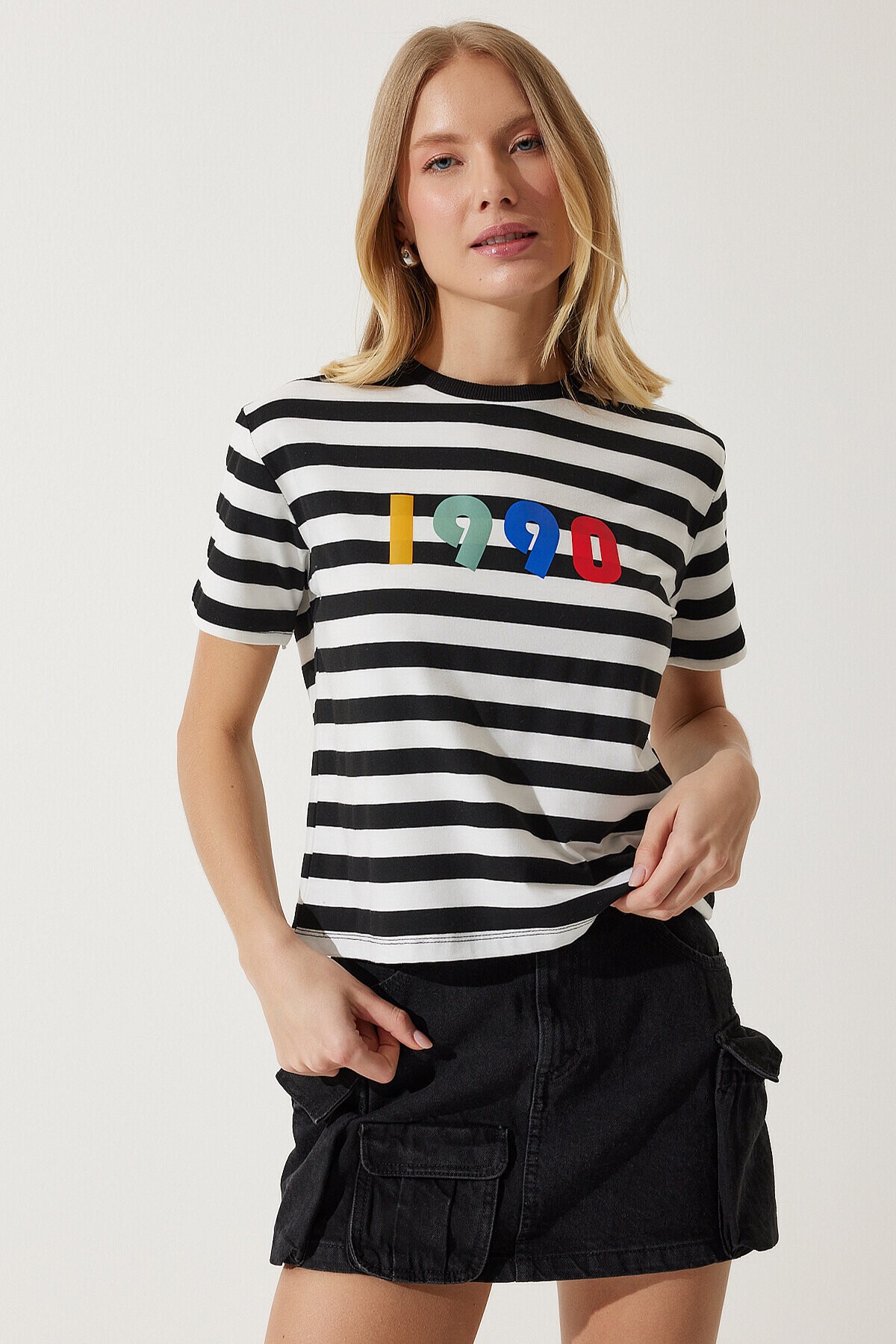 Baskılı Çizgili Örme T-shirt SİYAH BEYAZ LAN0038