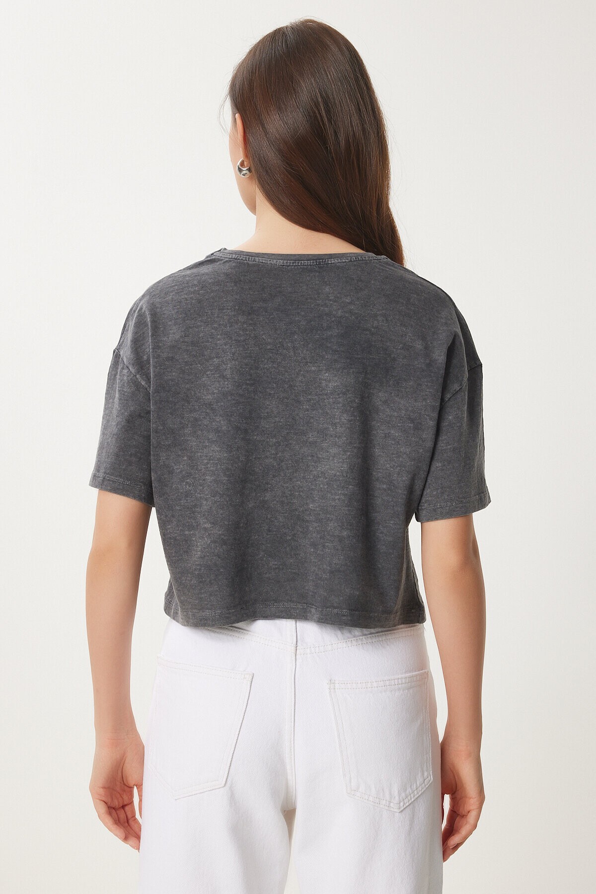 Baskılı Yıkamalı Crop Örme T-Shirt ANTRASİT LAN0028