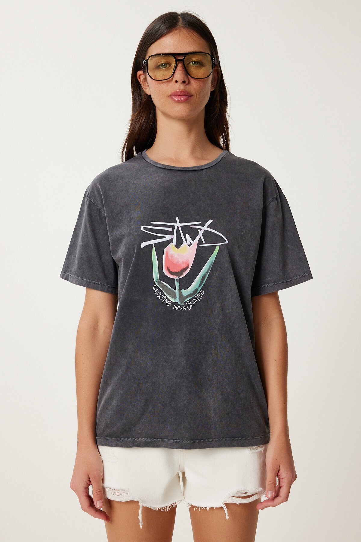 Baskılı Yıkamalı Esnek Örme T-shirt ANTRASİT LAN0034