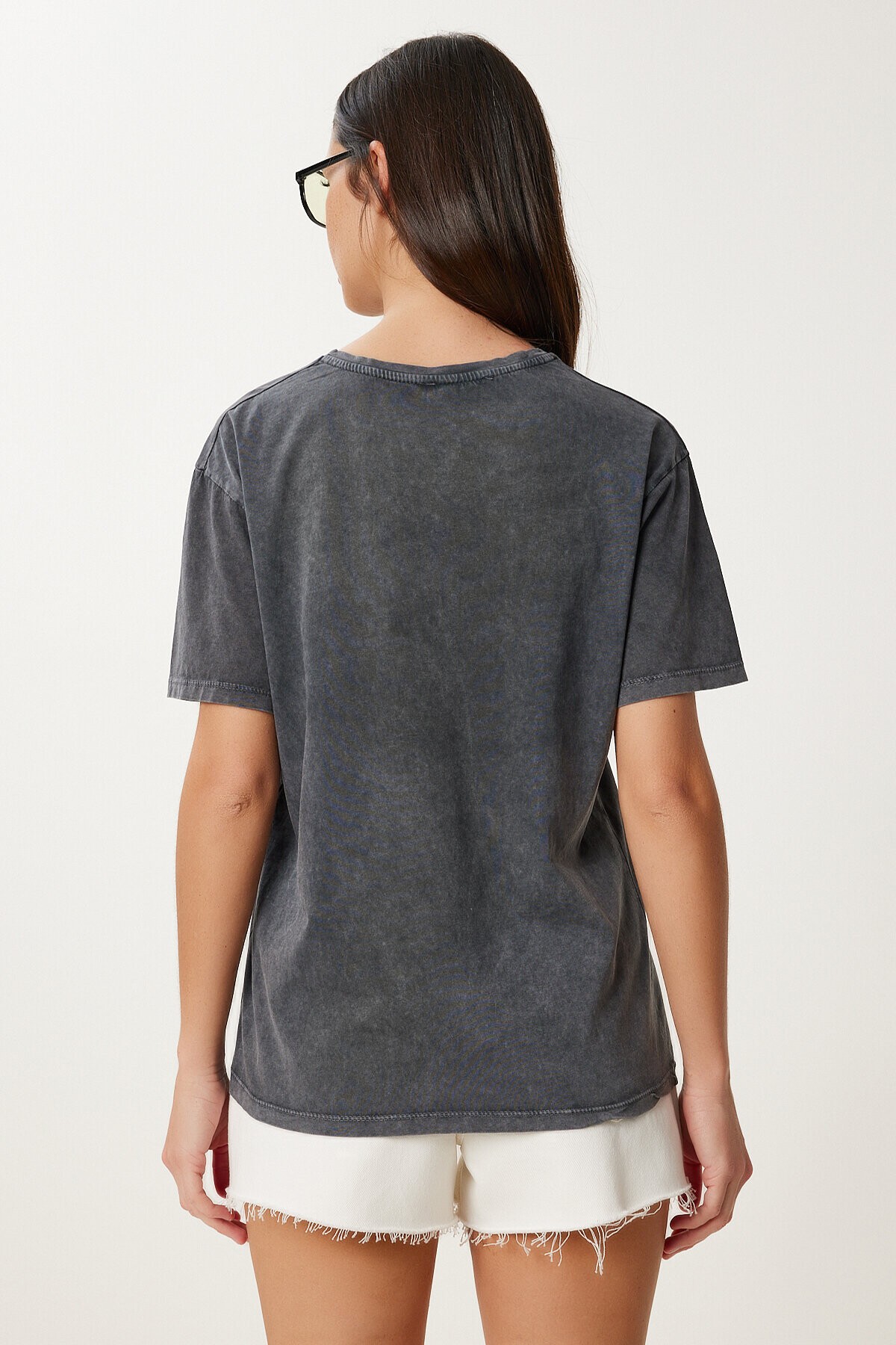 Baskılı Yıkamalı Esnek Örme T-shirt ANTRASİT LAN0034