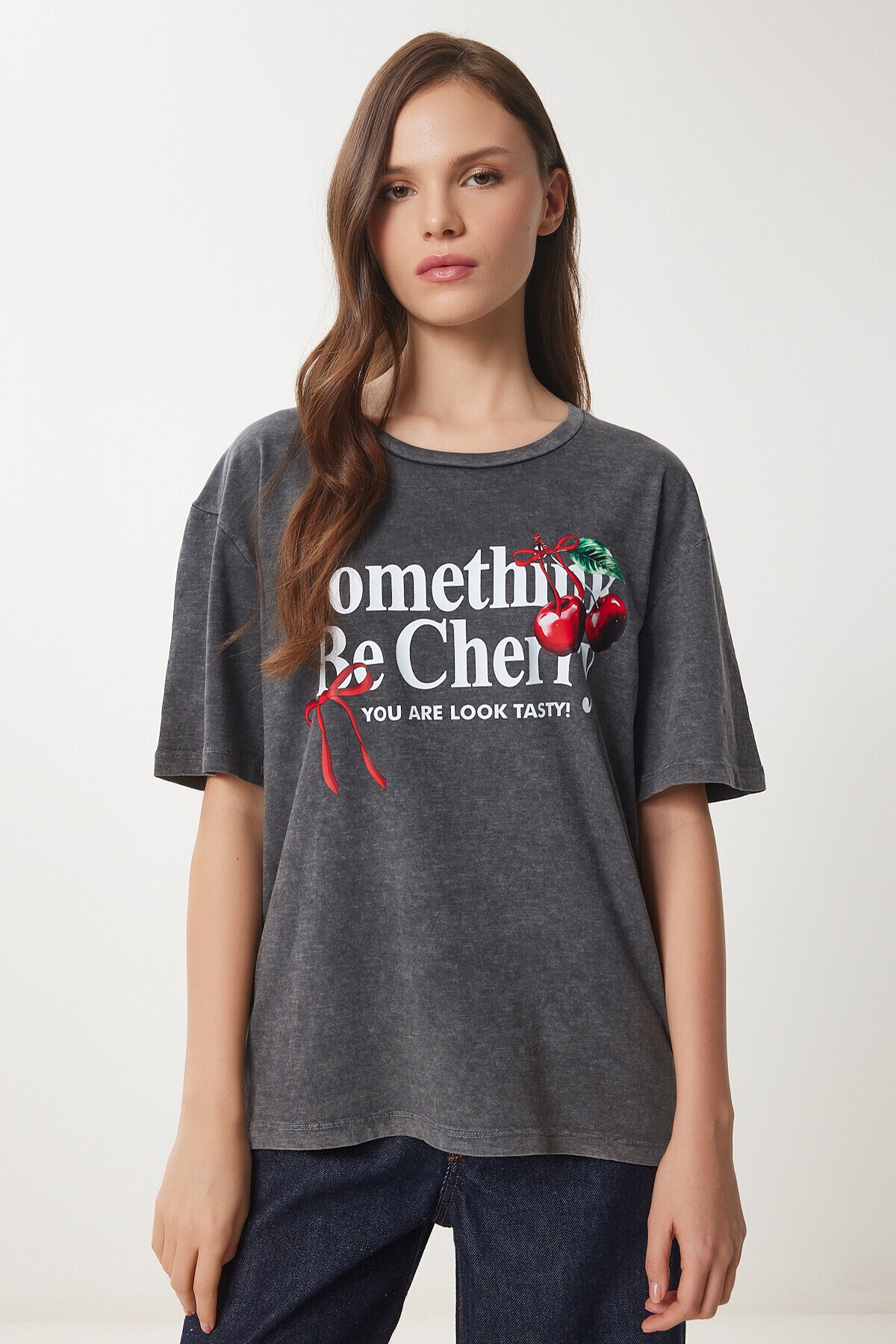 Baskılı Yıkamalı Örme T-Shirt ANTRASİT LAN0027