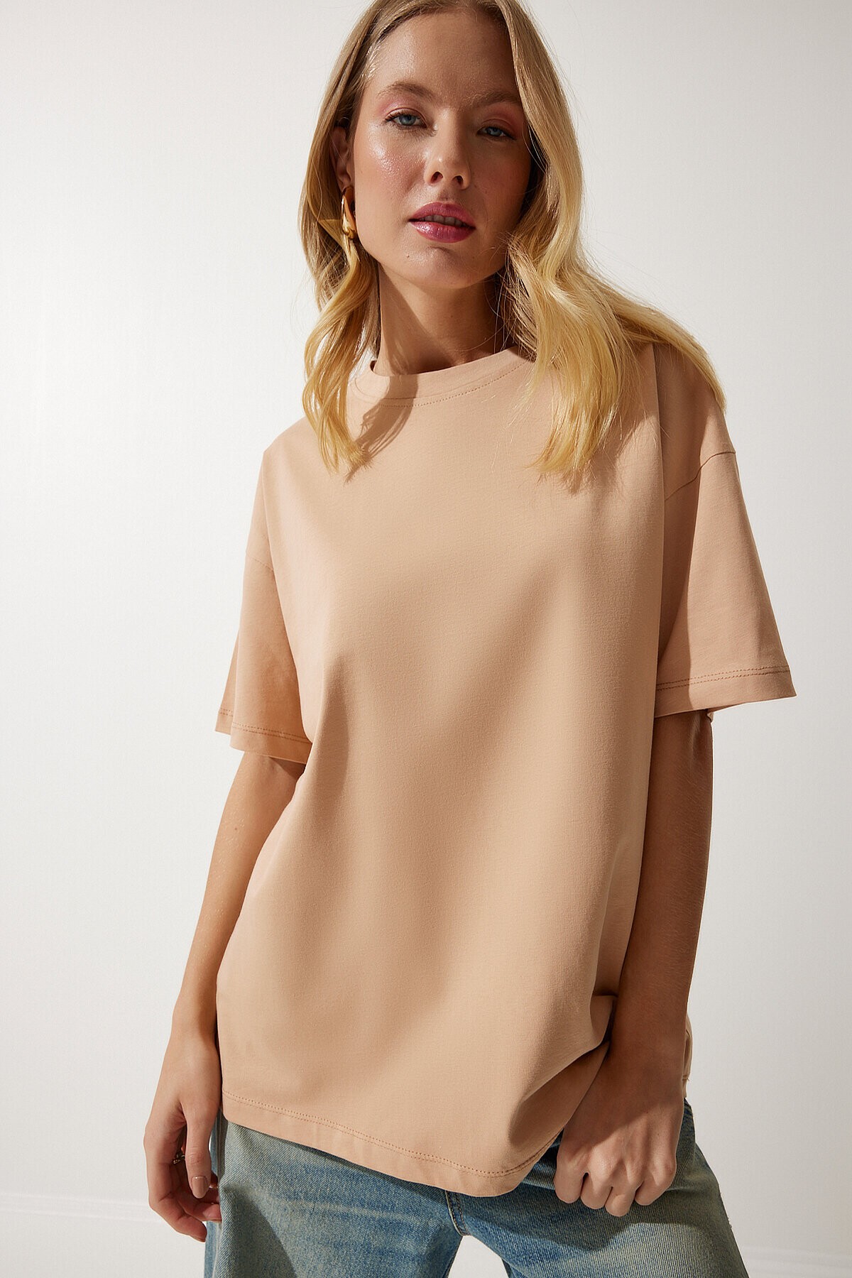 Bisiklet Yaka Kısa Kollu Basic Oversize Örme T-shirt KOYU BEJ LBF0003