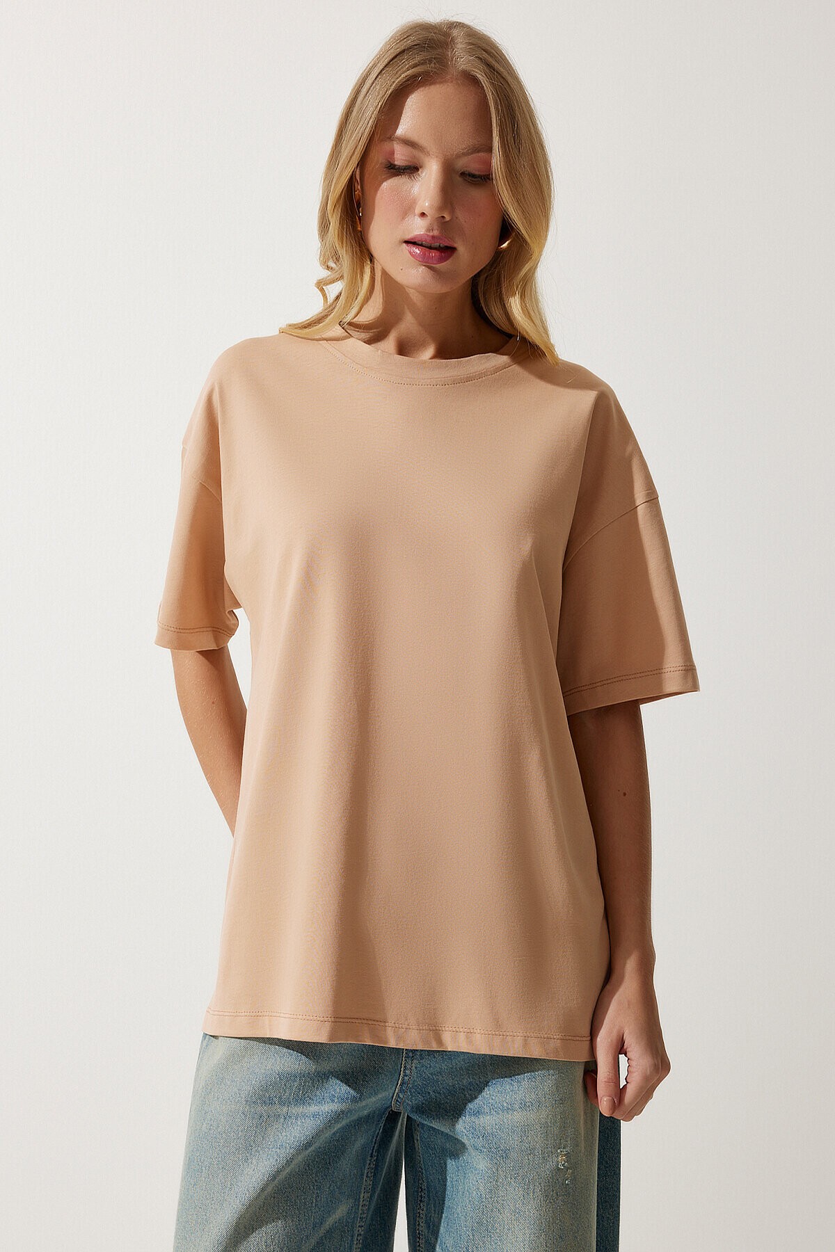 Bisiklet Yaka Kısa Kollu Basic Oversize Örme T-shirt KOYU BEJ LBF0003