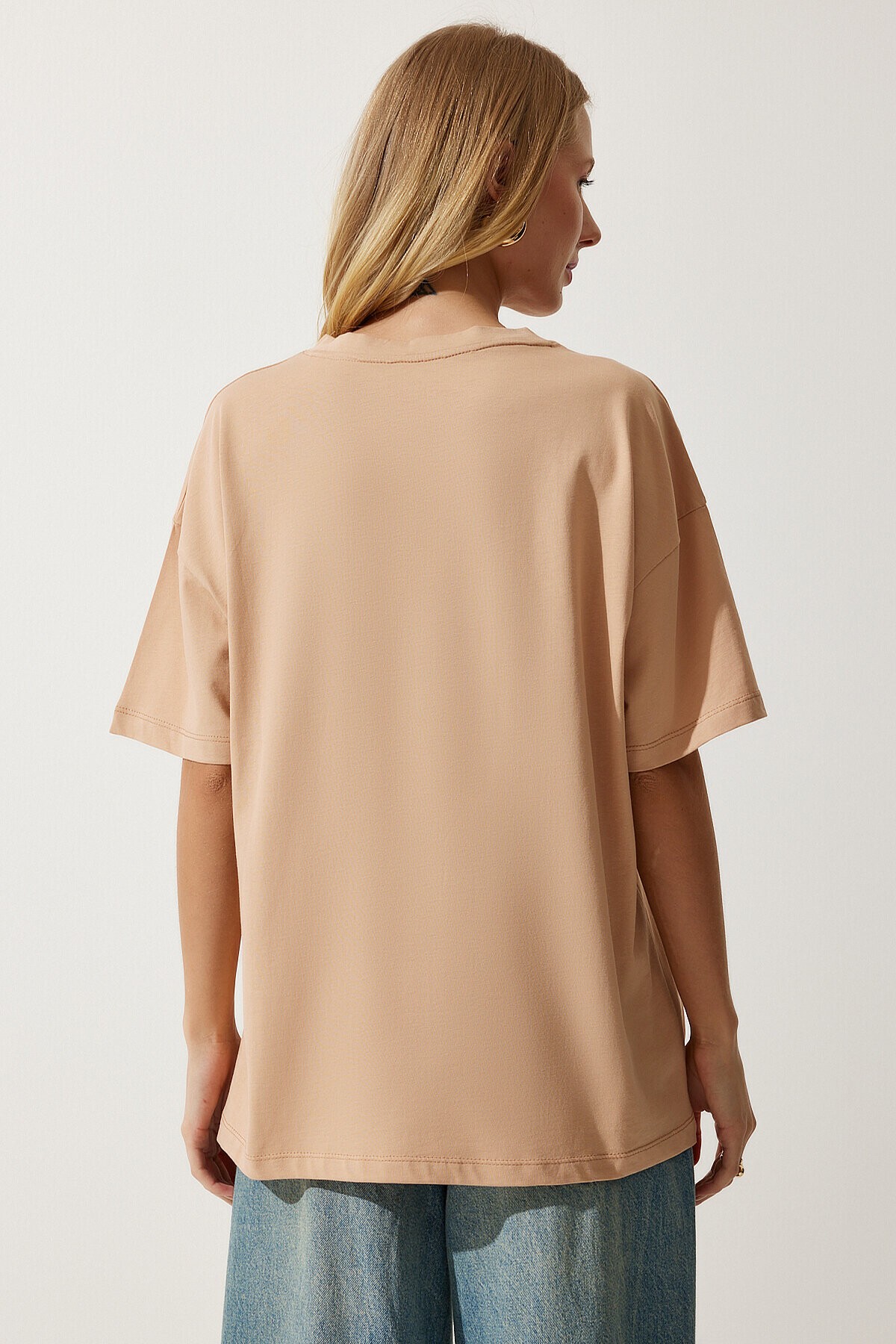 Bisiklet Yaka Kısa Kollu Basic Oversize Örme T-shirt KOYU BEJ LBF0003