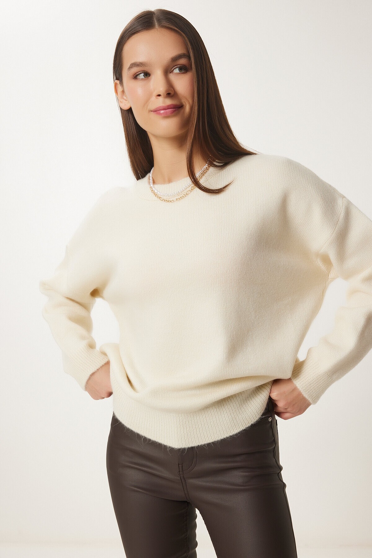 Bisiklet Yaka Oversize Triko Kazak KREM LBV0019