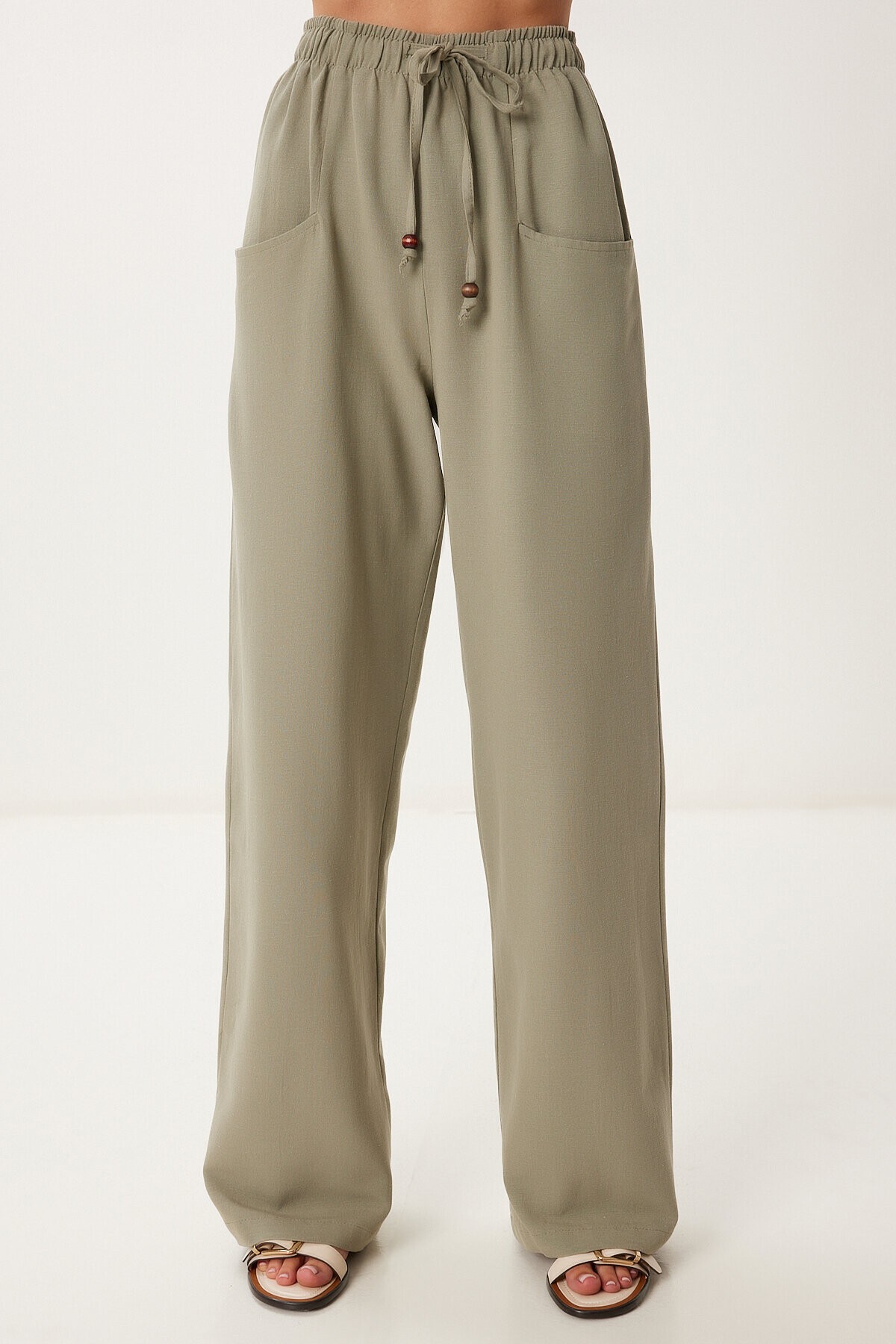 Cepli Geniş Paça Keten Pantolon HAKİ LBV0062