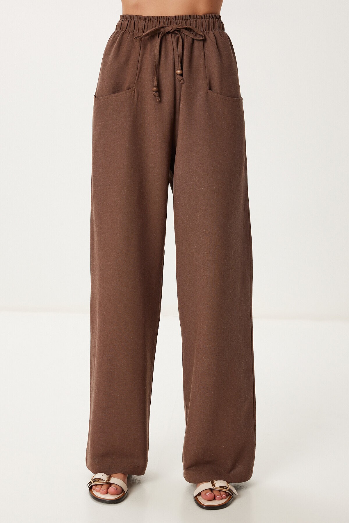 Cepli Geniş Paça Keten Pantolon KAHVERENGİ LBV0062