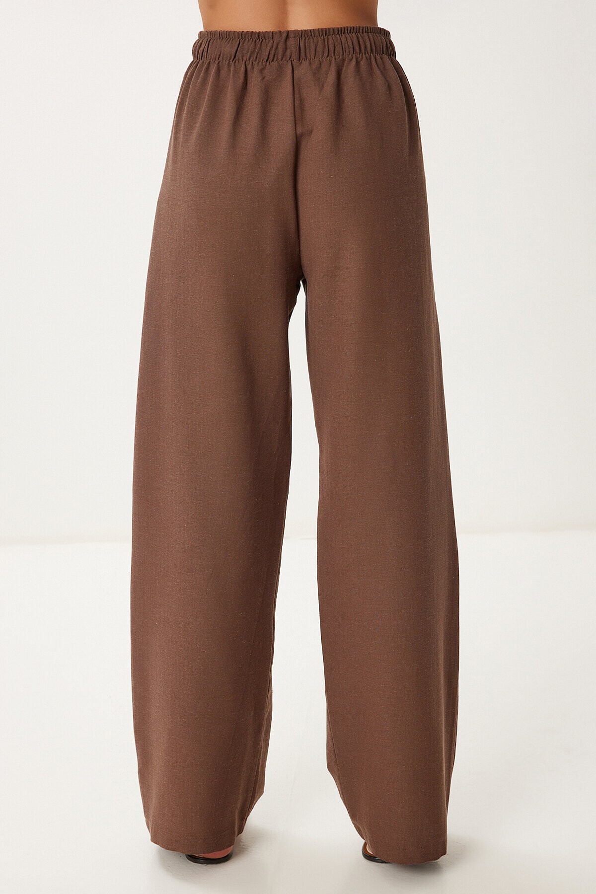 Cepli Geniş Paça Keten Pantolon KAHVERENGİ LBV0062