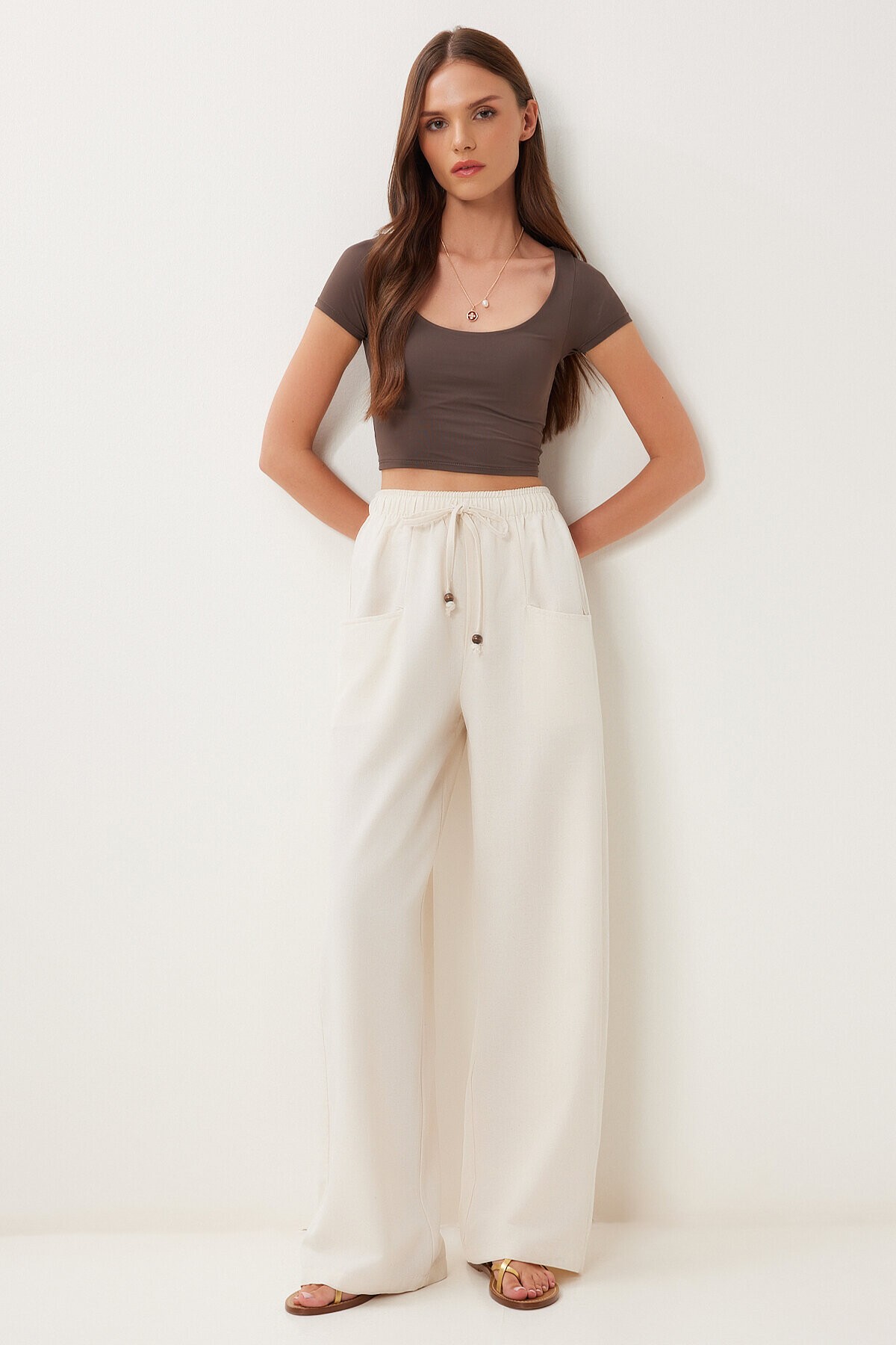 Cepli Geniş Paça Keten Pantolon KREM LBV0062