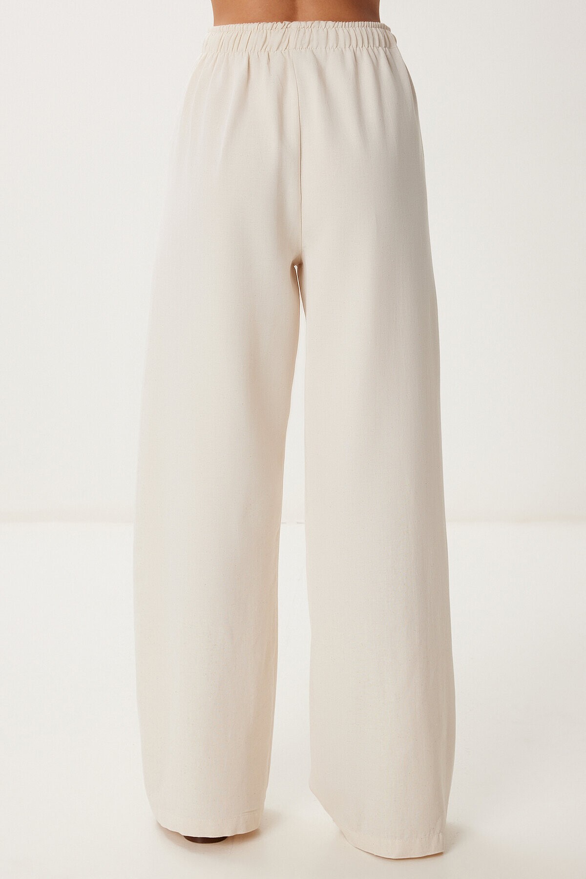 Cepli Geniş Paça Keten Pantolon KREM LBV0062
