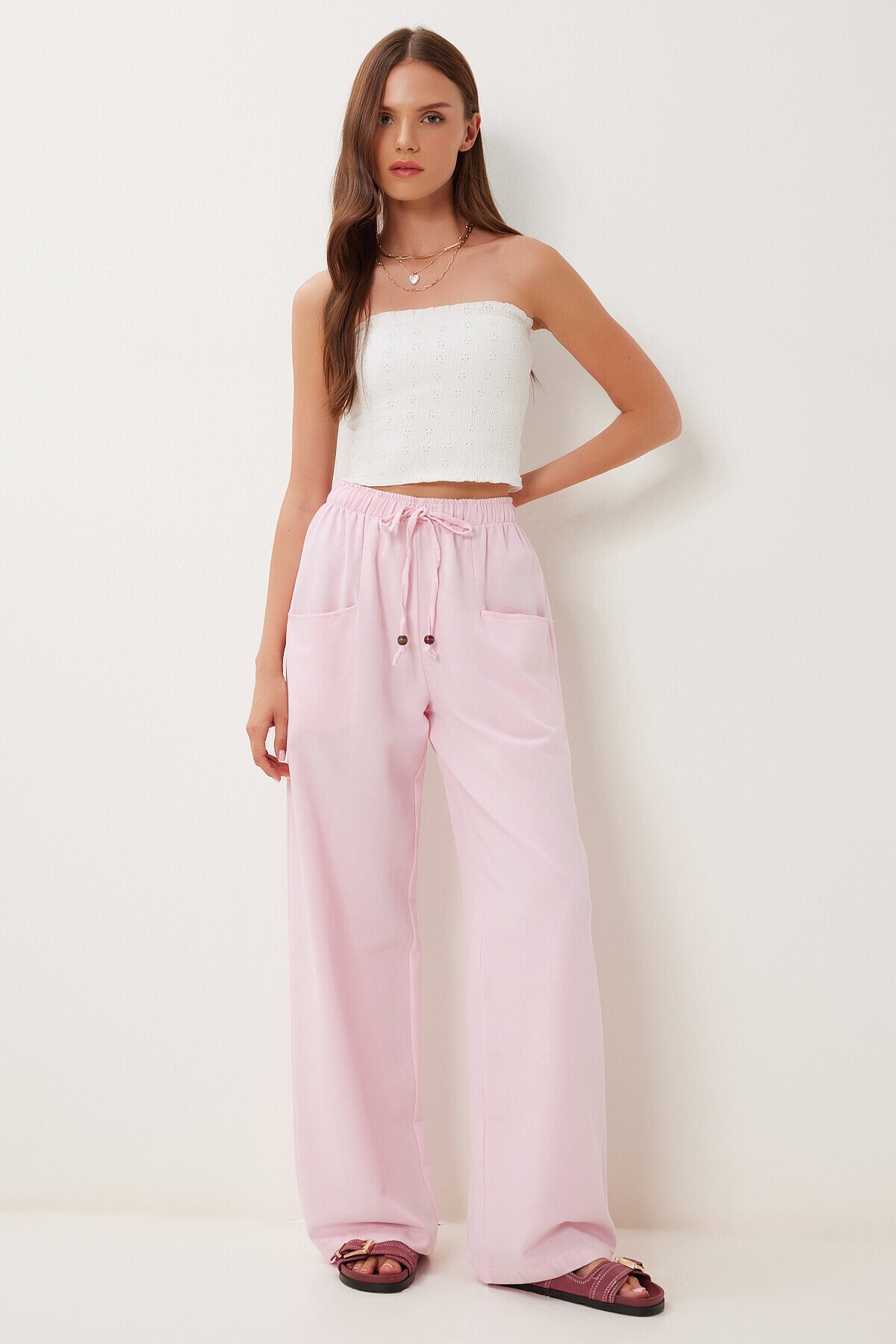Cepli Geniş Paça Keten Pantolon PEMBE LBV0062