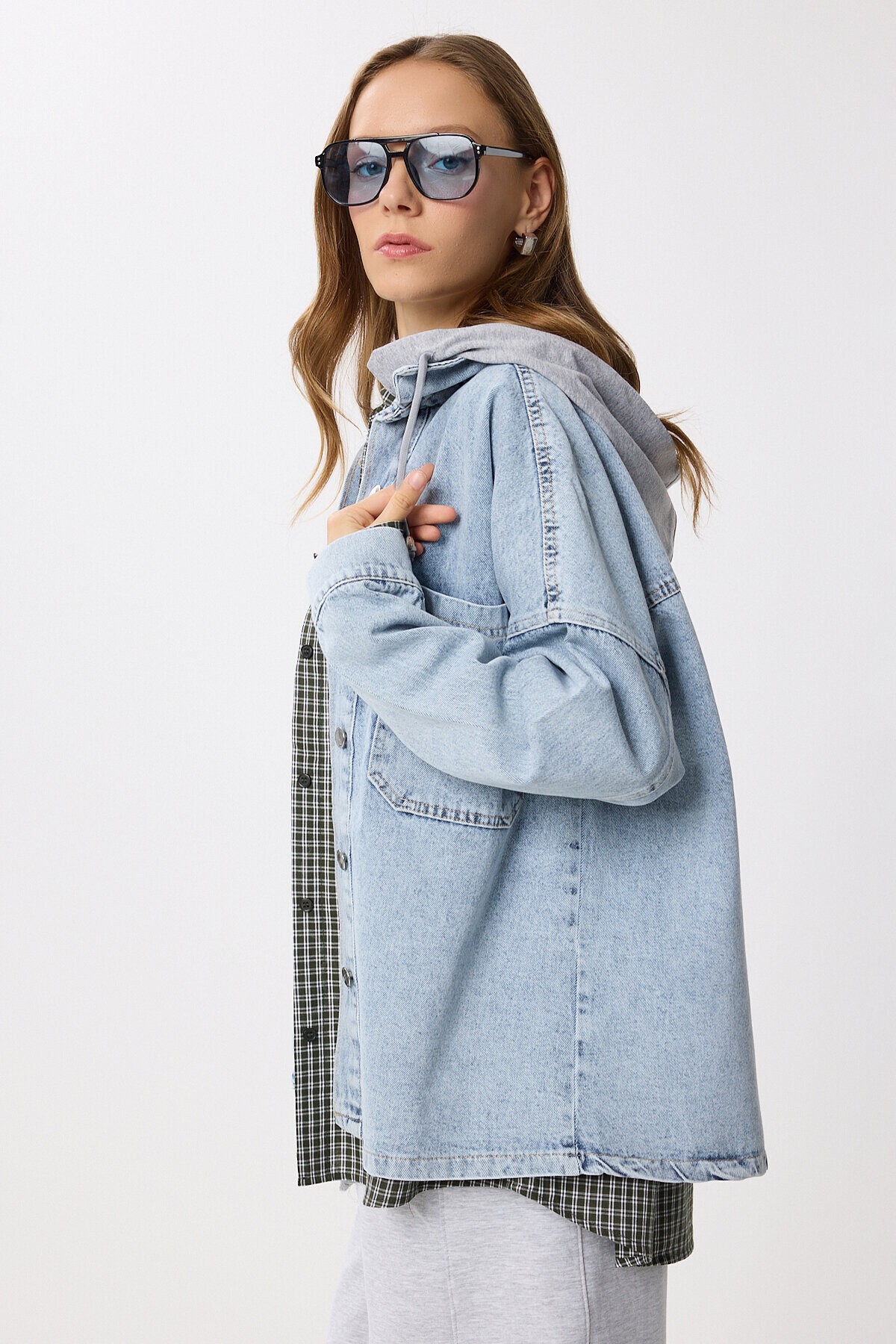 Çıkarılabilir Kapüşonlu Cepli Denim Ceket AÇIK MAVİ LAN0057